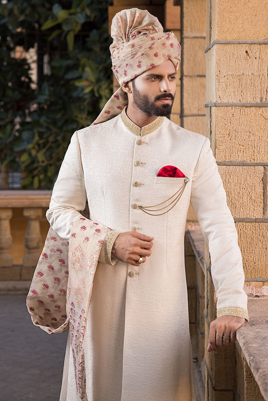 Off White Hand Embroidered Jamawar Sherwani (3-Piece) - Image 2
