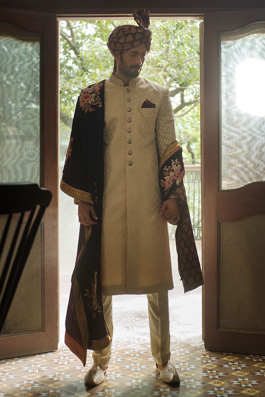 Off-White Hand Embroidered Jamawar Groom Sherwani (3-Piece) - Image 1