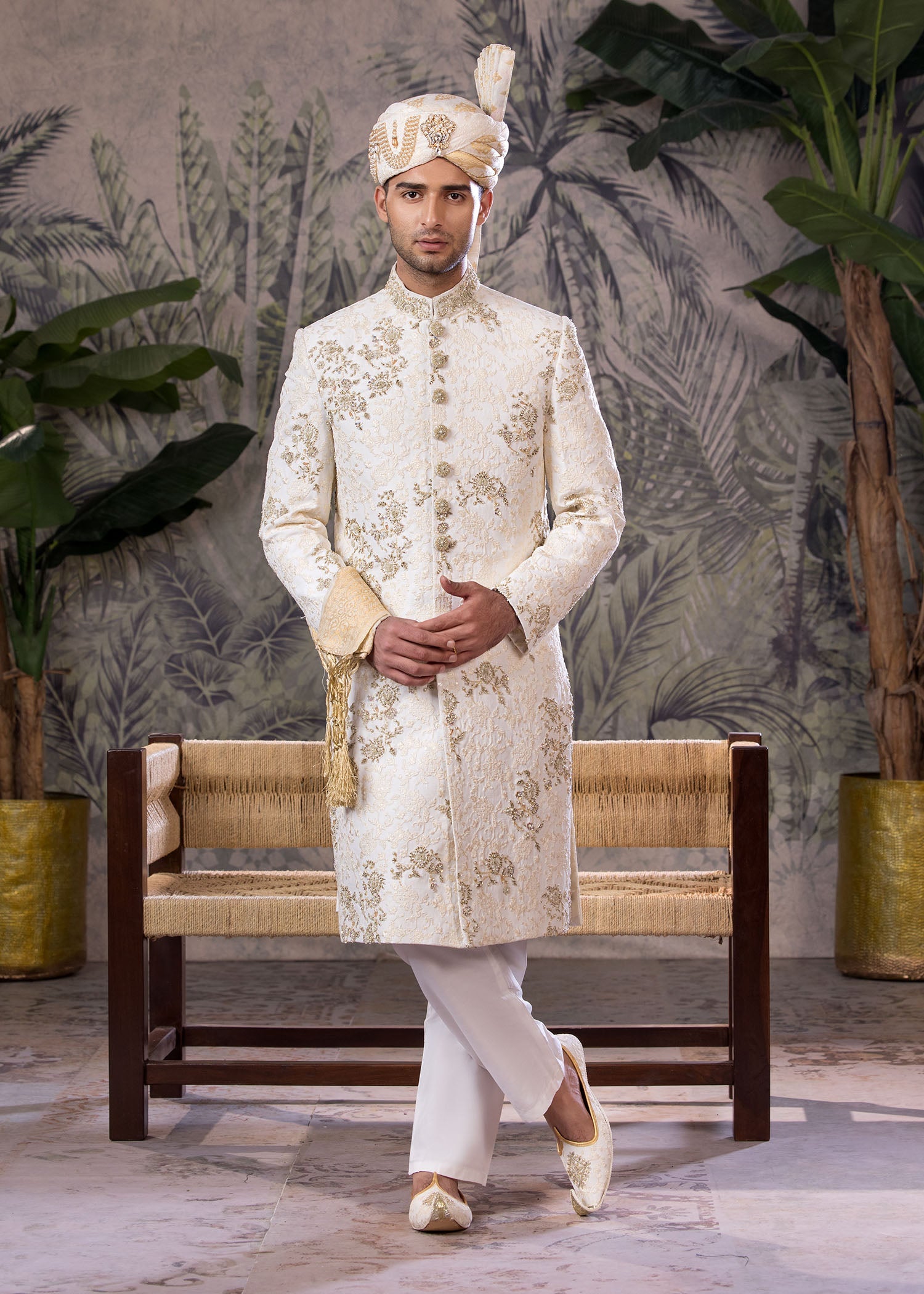 Off-White Hand-Embroidered Jamawar Sherwani (5-Piece) - Image 1
