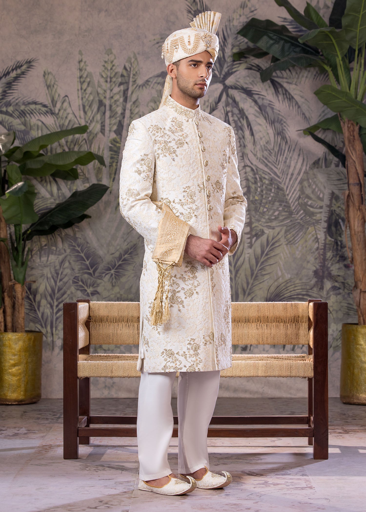 Off-White Hand-Embroidered Jamawar Sherwani (5-Piece) - Image 3