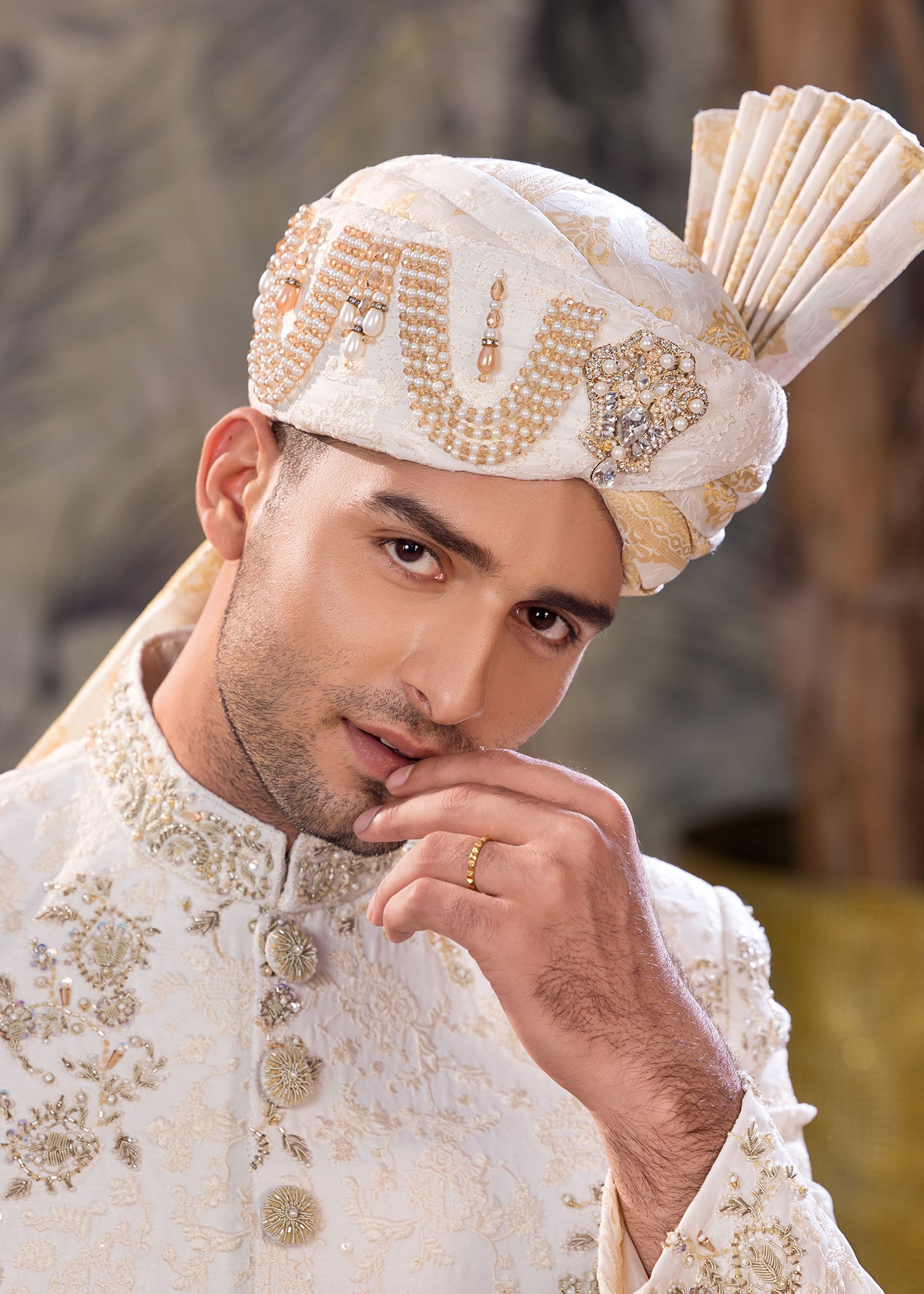 Off-White Hand-Embroidered Jamawar Sherwani (5-Piece) - Image 6