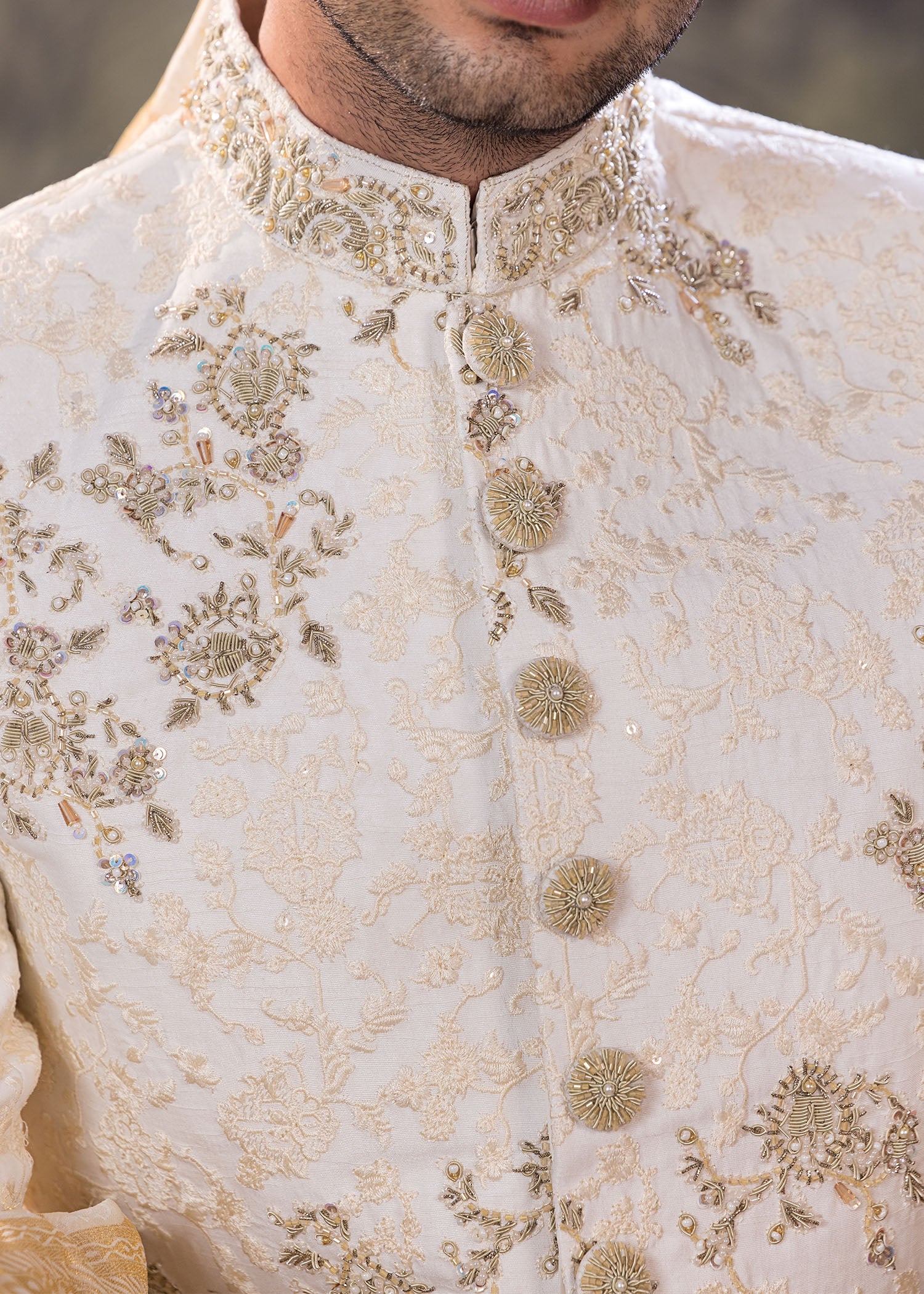 Off-White Hand-Embroidered Jamawar Sherwani (5-Piece) - Image 7