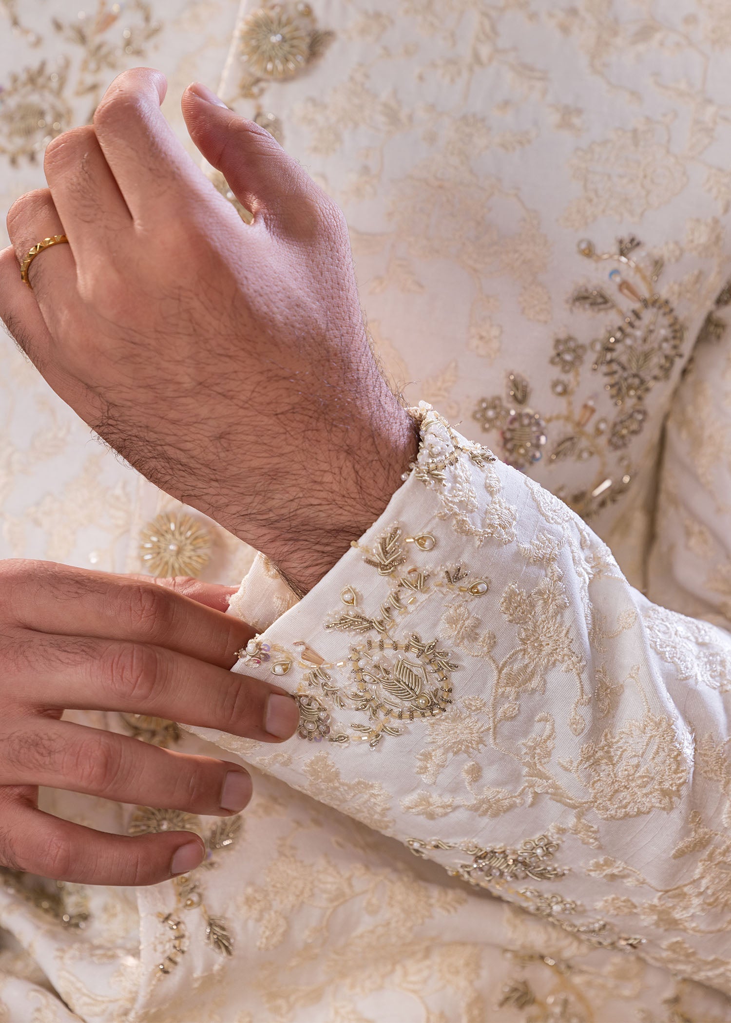 Off-White Hand-Embroidered Jamawar Sherwani (5-Piece) - Image 8