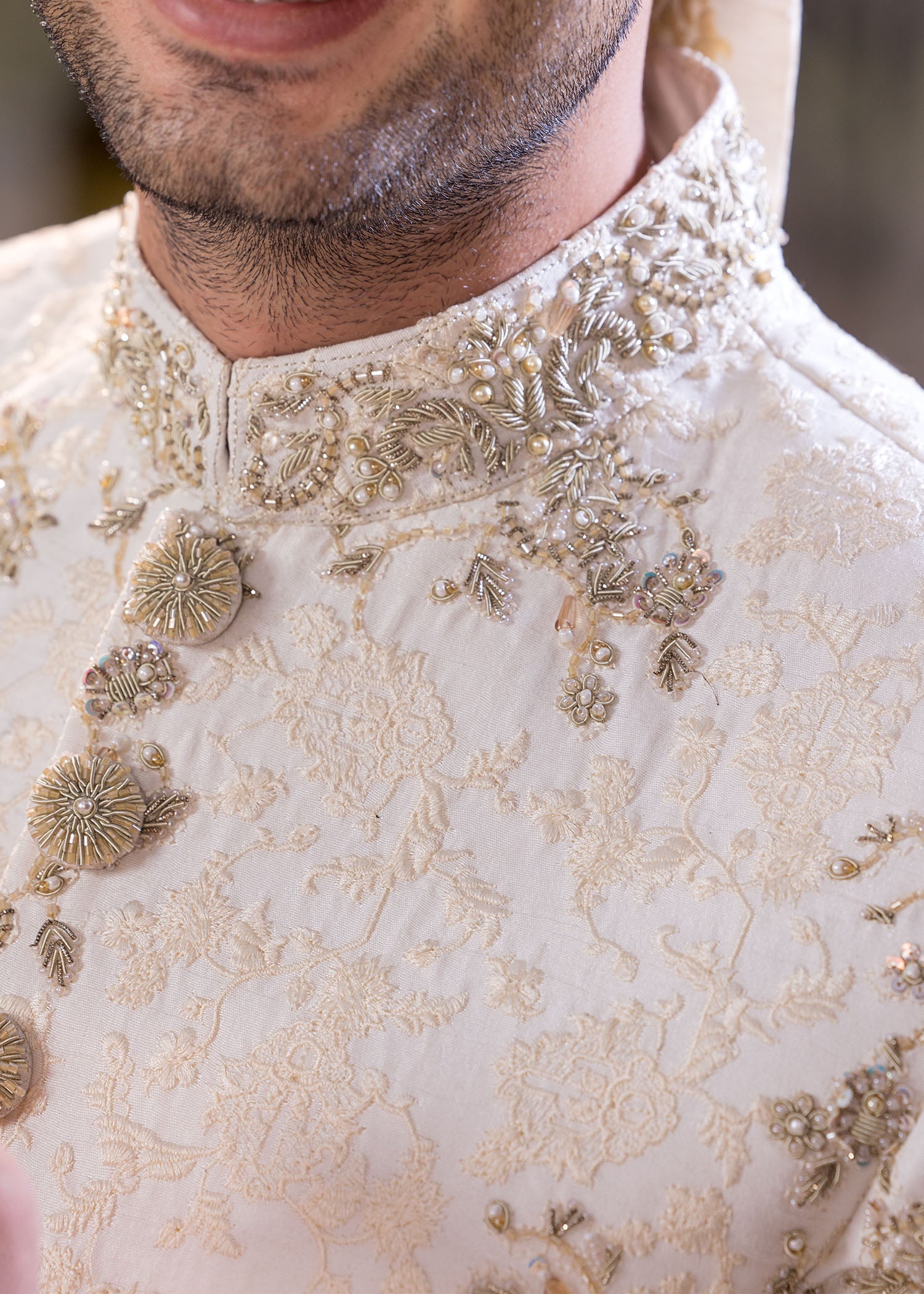 Off-White Hand-Embroidered Jamawar Sherwani (5-Piece) - Image 9
