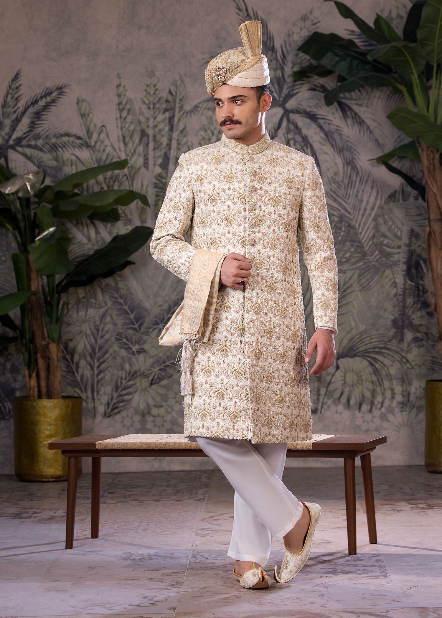 Off-White Hand-Embroidered Jamawar Sherwani (5-Piece) - Image 1