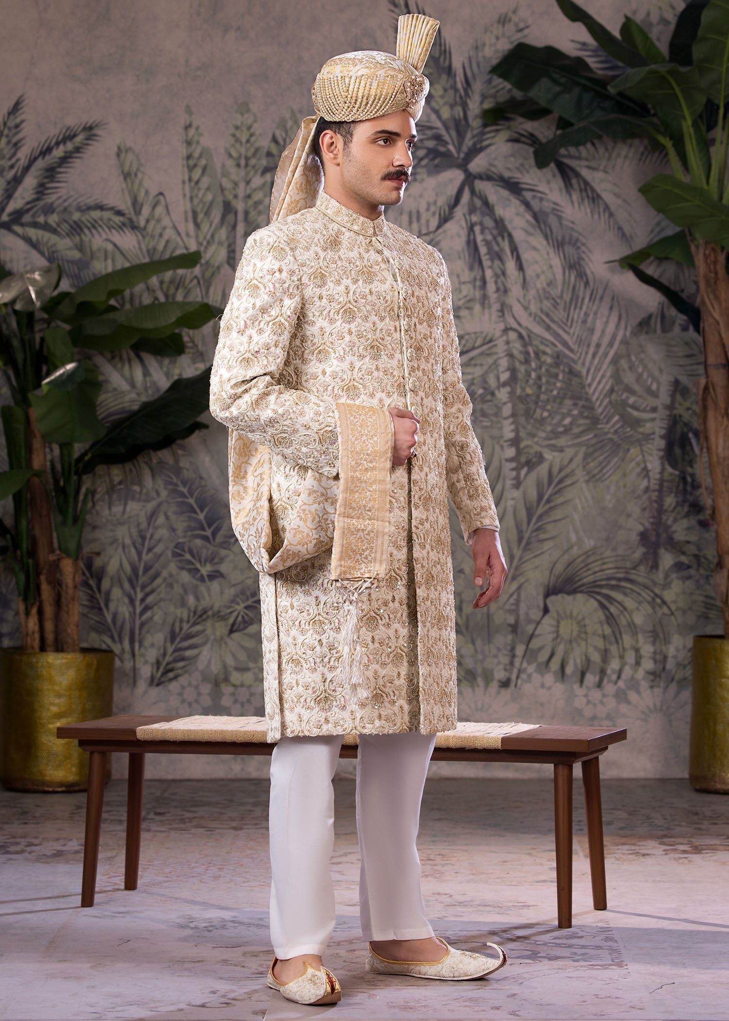 Off-White Hand-Embroidered Jamawar Sherwani (5-Piece) - Image 2
