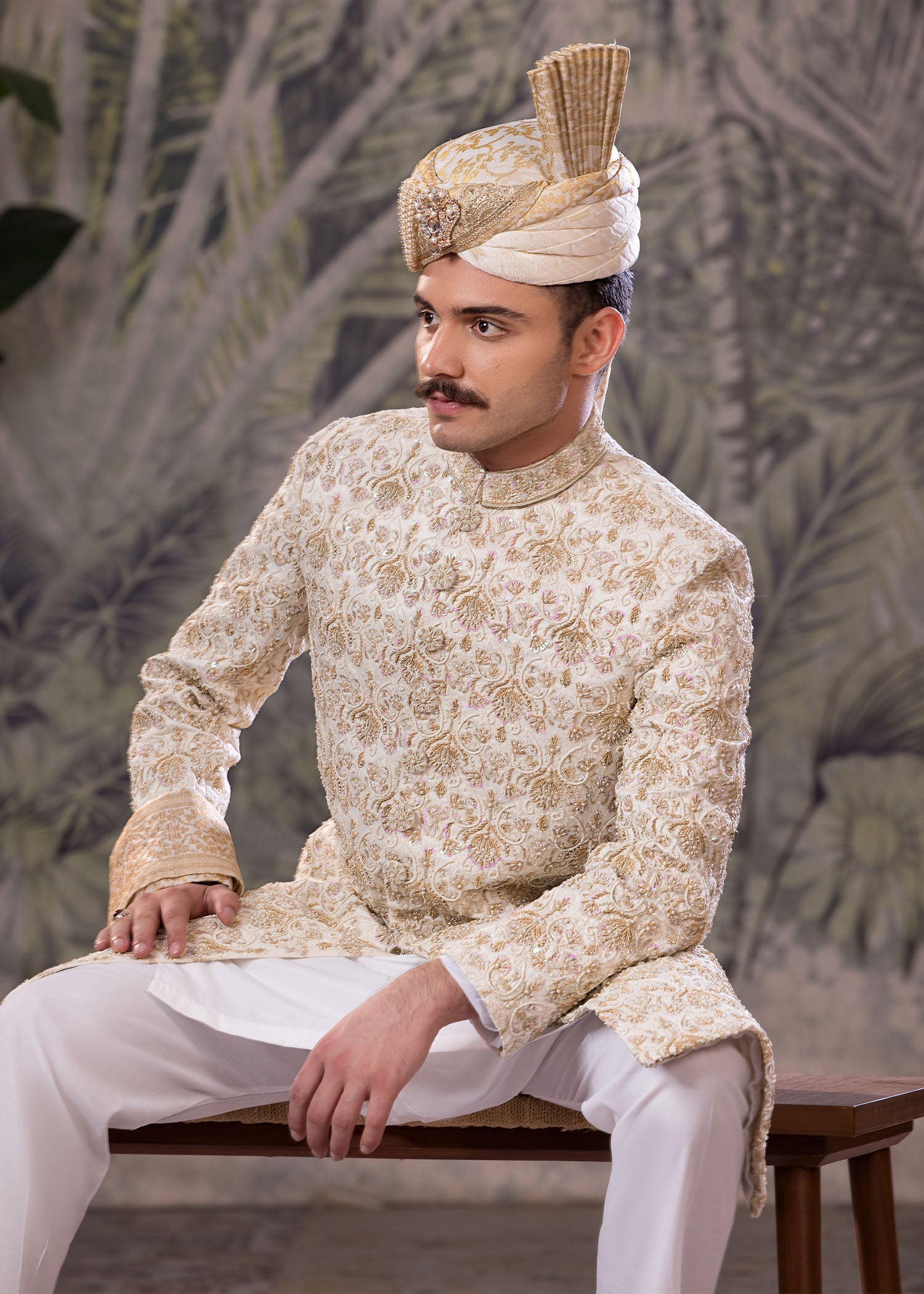 Off-White Hand-Embroidered Jamawar Sherwani (5-Piece) - Image 5