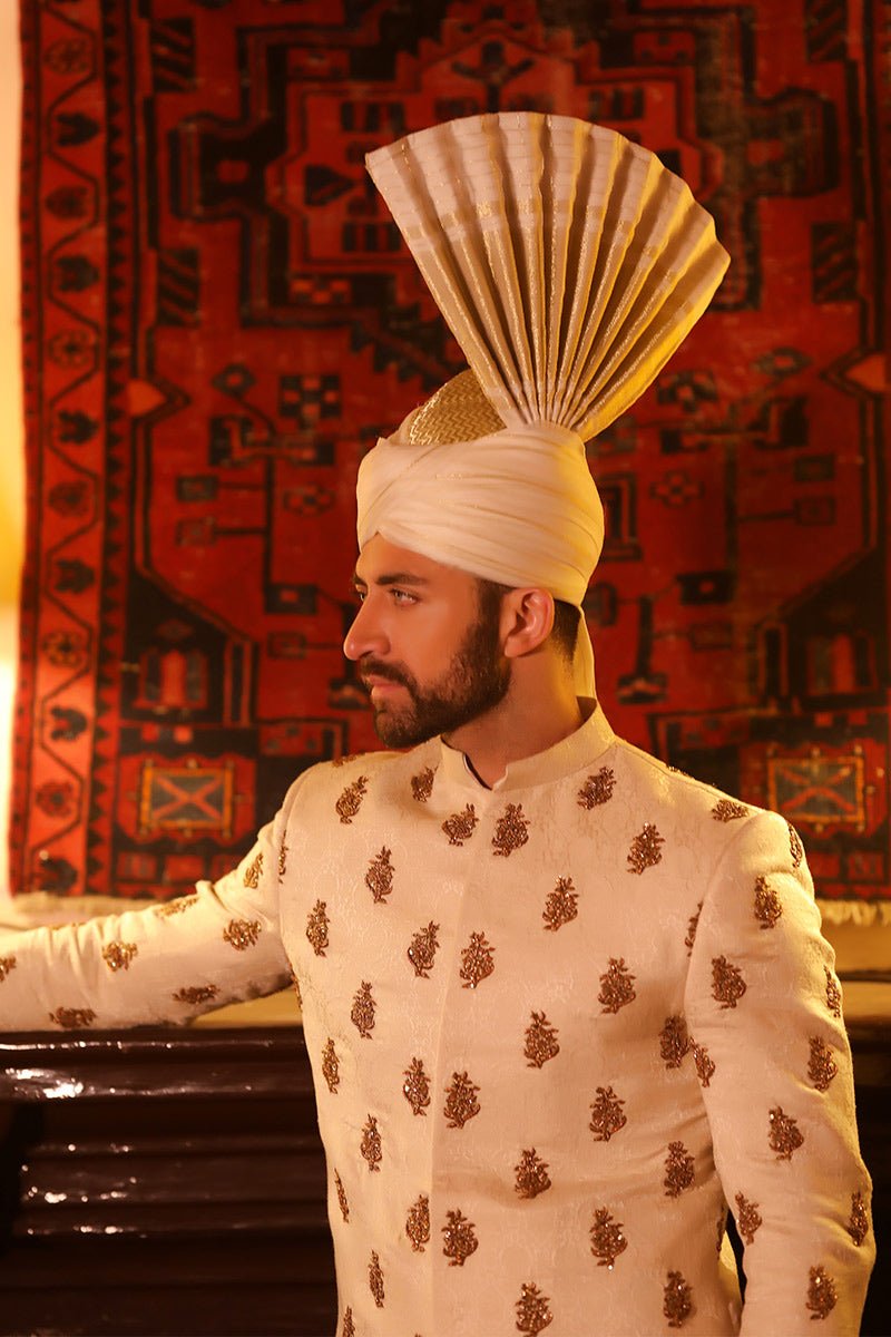 Ivory Zardozi Self-Silk Jamawar Sherwani (2-Piece) - Image 3