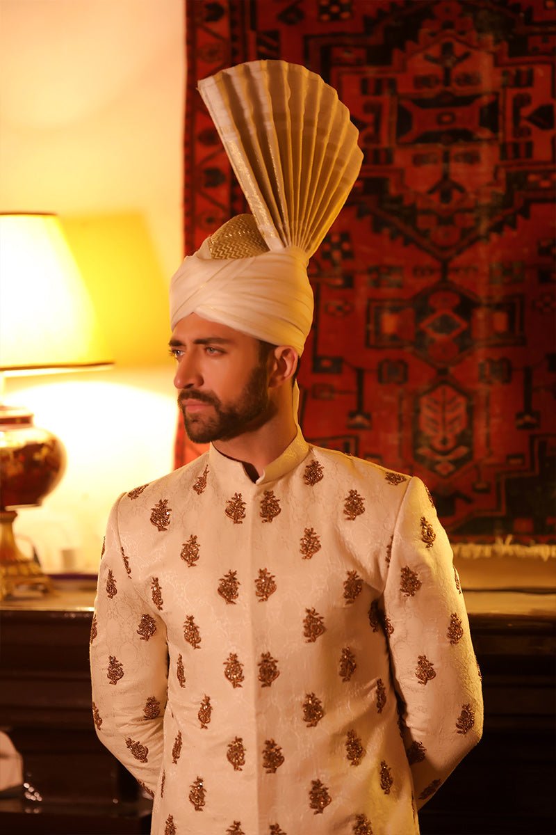 Ivory Zardozi Self-Silk Jamawar Sherwani (2-Piece) - Image 5