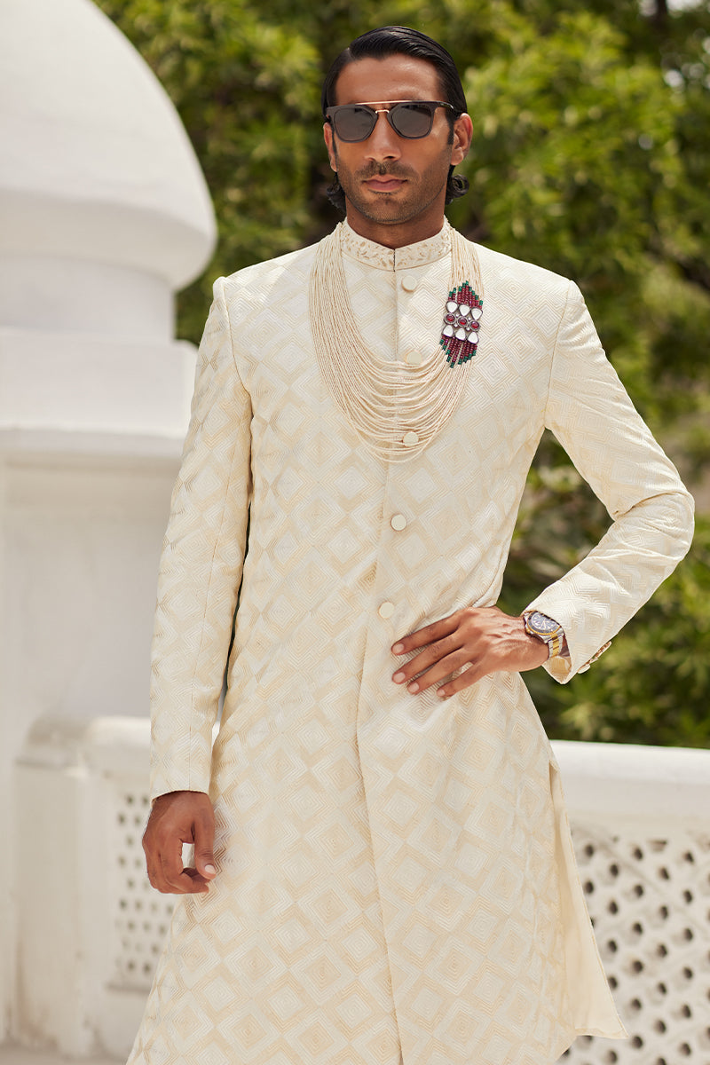 Off-White Cut-Dana Self Jamawar Sherwani (2-Piece) - Image 1