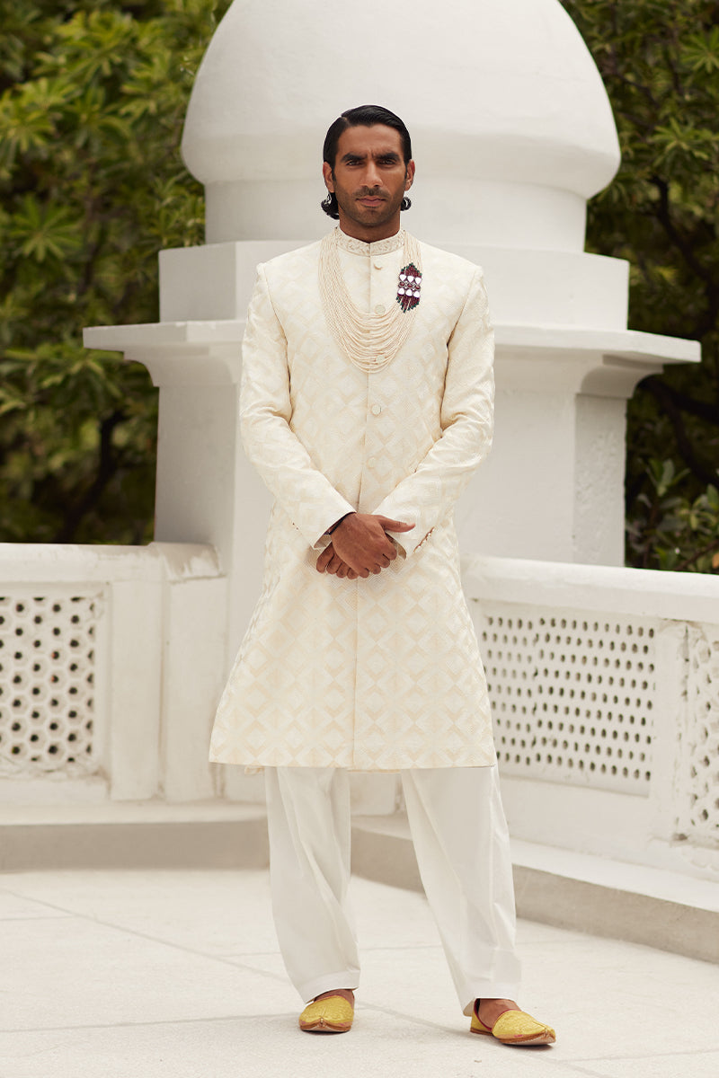 Off-White Cut-Dana Self Jamawar Sherwani (2-Piece) - Image 2