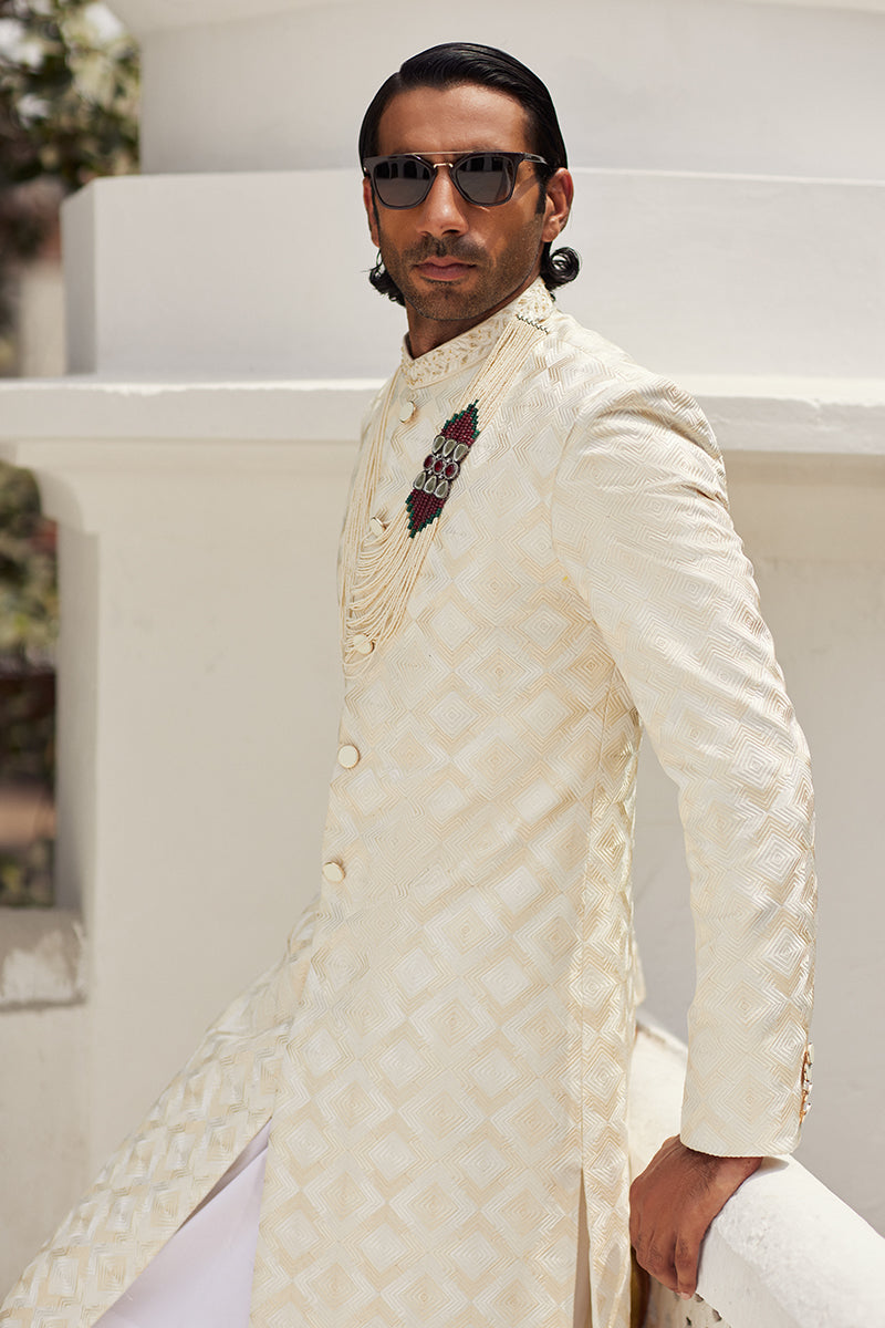 Off-White Cut-Dana Self Jamawar Sherwani (2-Piece) - Image 6