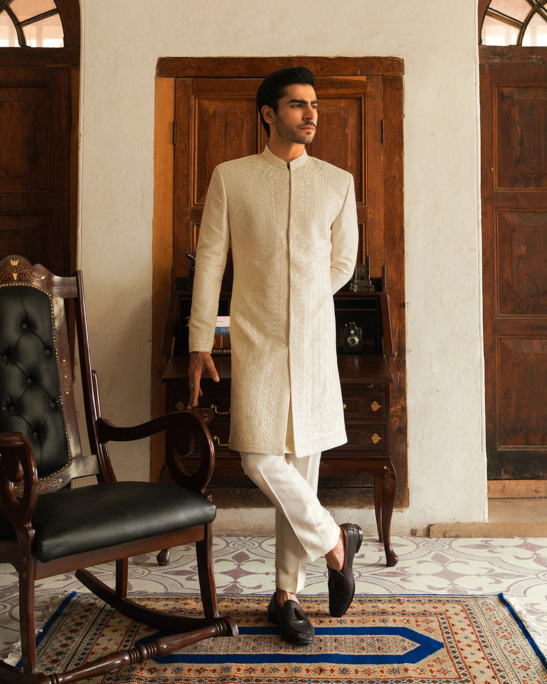Off-White Embroidered Korean Raw Silk Sherwani (3-Piece) - Image 1