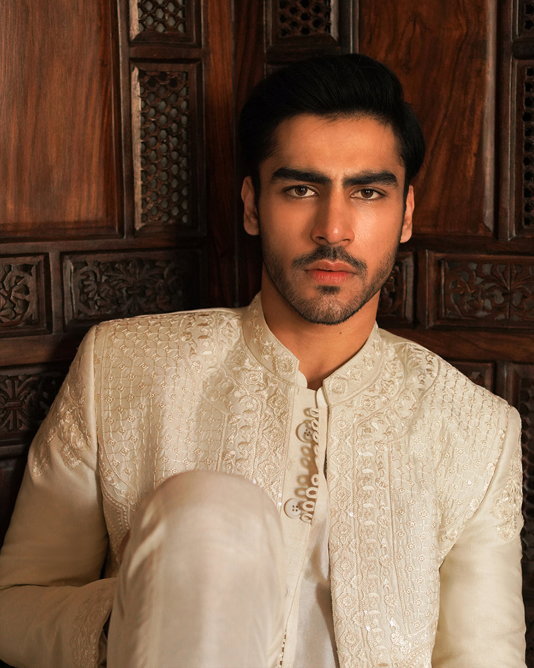 Off-White Embroidered Korean Raw Silk Sherwani (3-Piece) - Image 5