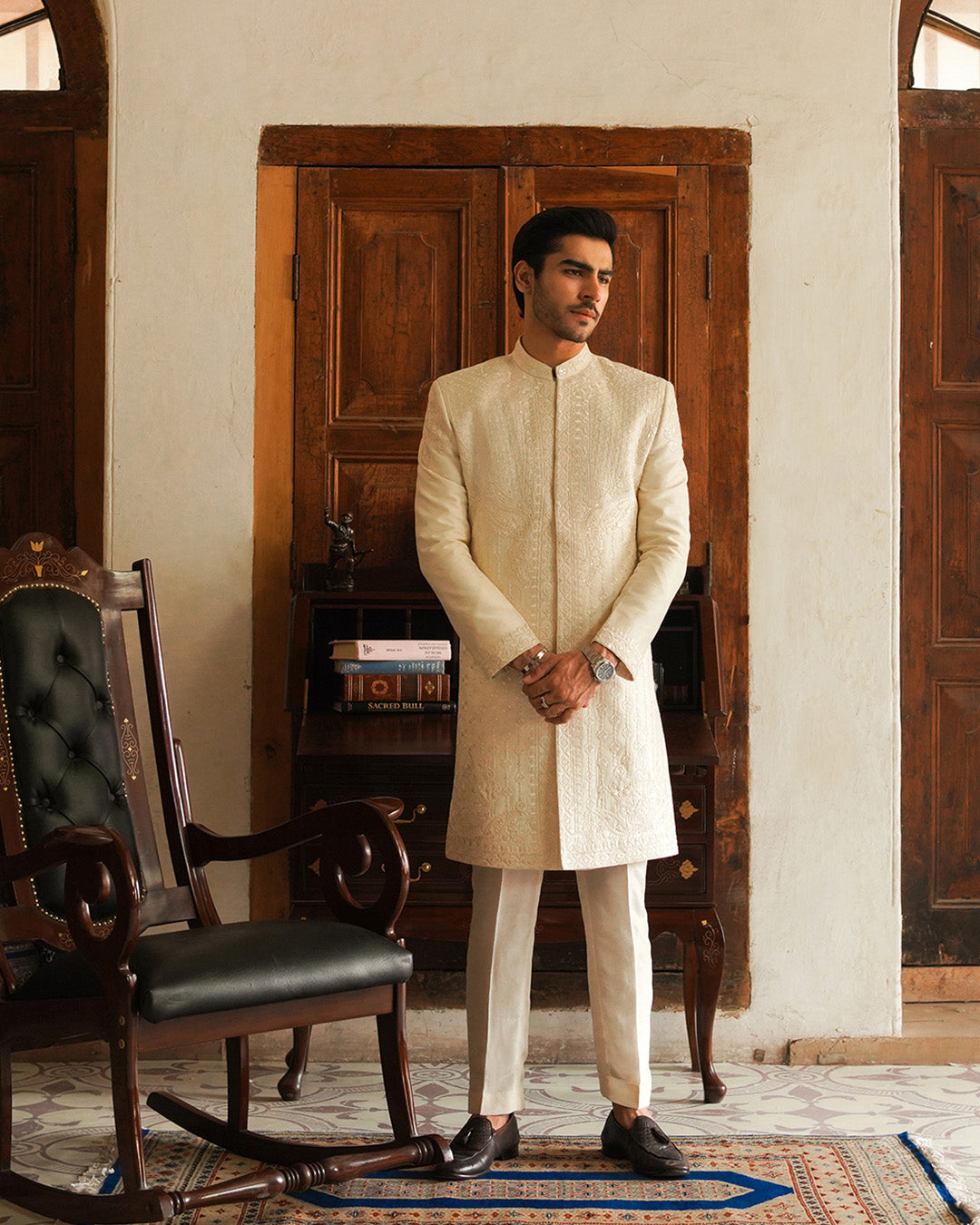 Off-White Embroidered Korean Raw Silk Sherwani (3-Piece) - Image 6