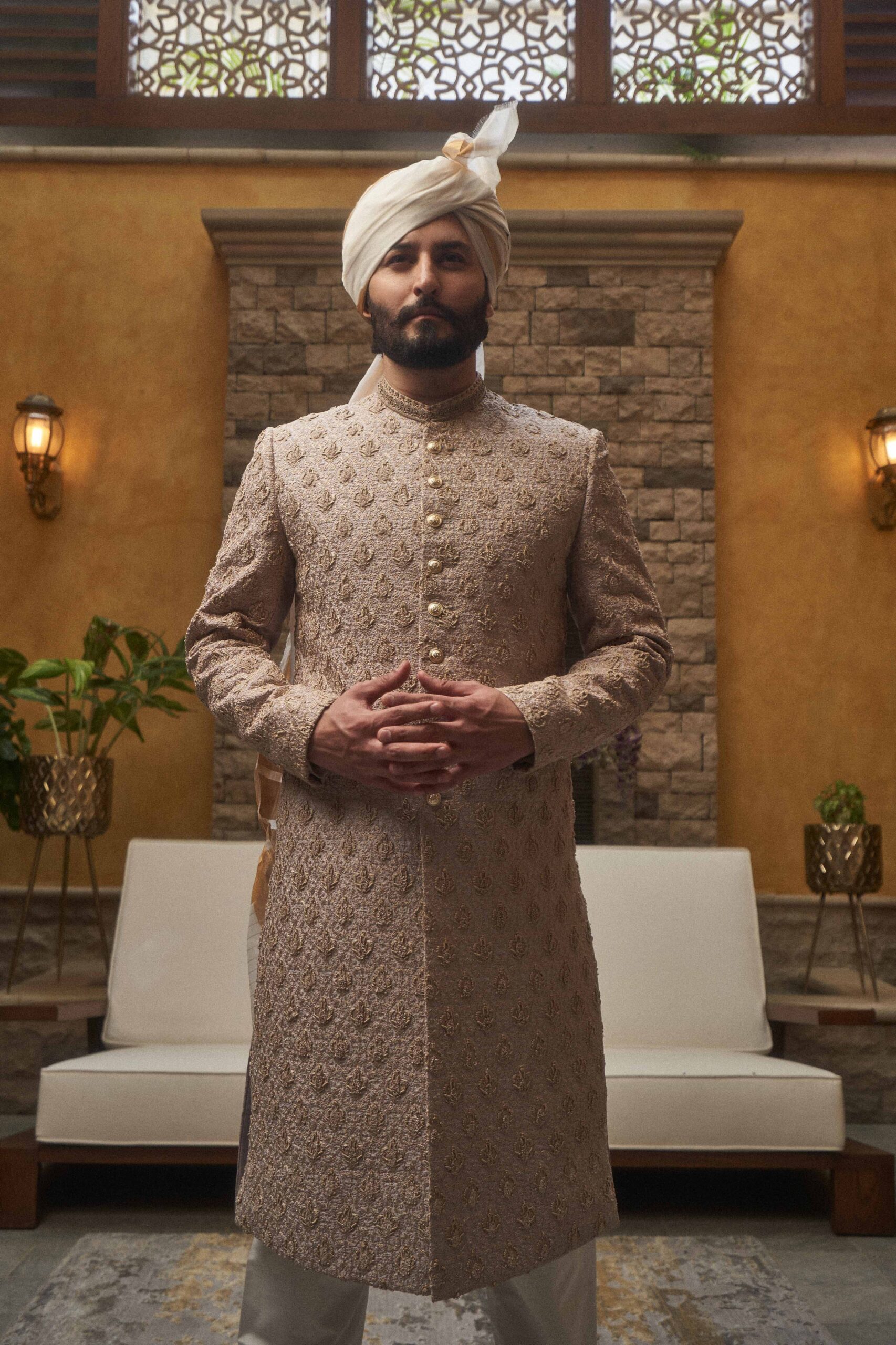 Off-White Heavy Motif Linen Sherwani (3-Piece) - Image 1