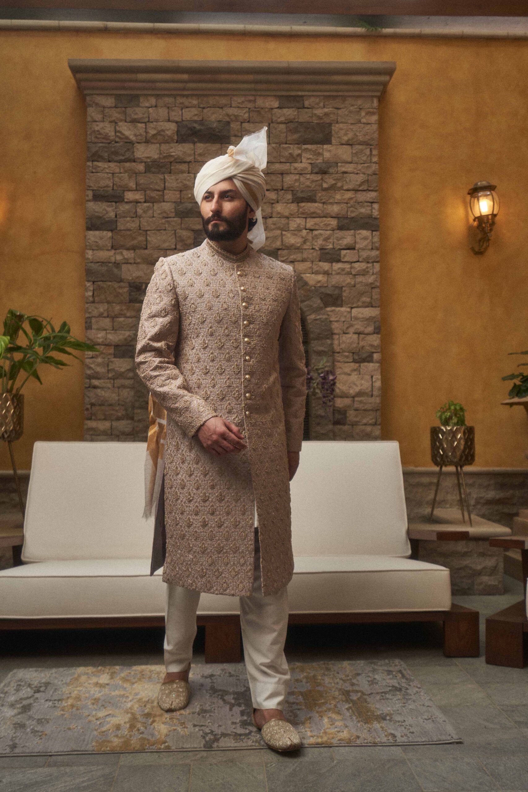 Off-White Heavy Motif Linen Sherwani (3-Piece) - Image 2