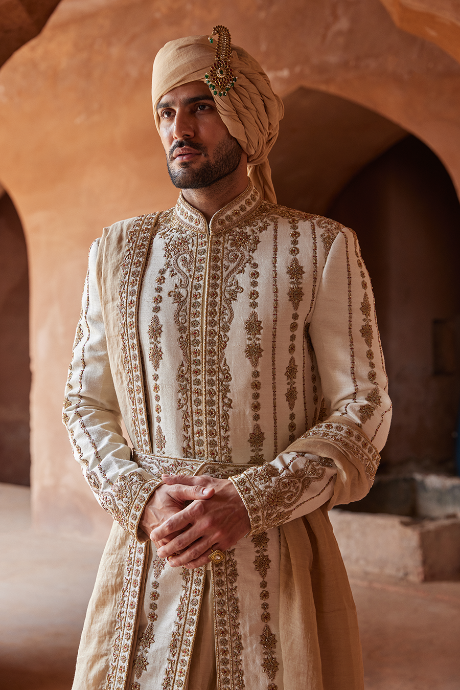 Ivory Zardozi Matka Silk Sherwani (3-Piece) - Image 3