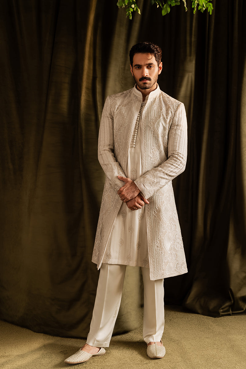 Off White Tilla Sequin Organza Sherwani (2-Piece) - Image 1
