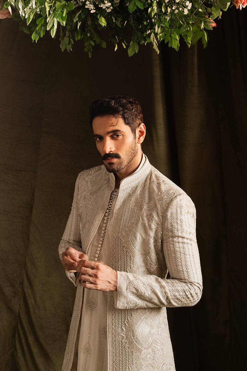 Off White Tilla Sequin Organza Sherwani (2-Piece) - Image 2