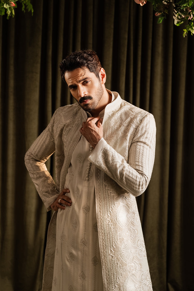 Off White Tilla Sequin Organza Sherwani (2-Piece) - Image 6