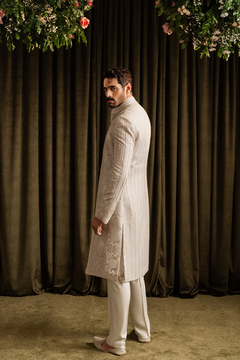 Off White Embroidered Organza Patchwork Sherwani (2-Piece) - Image 4