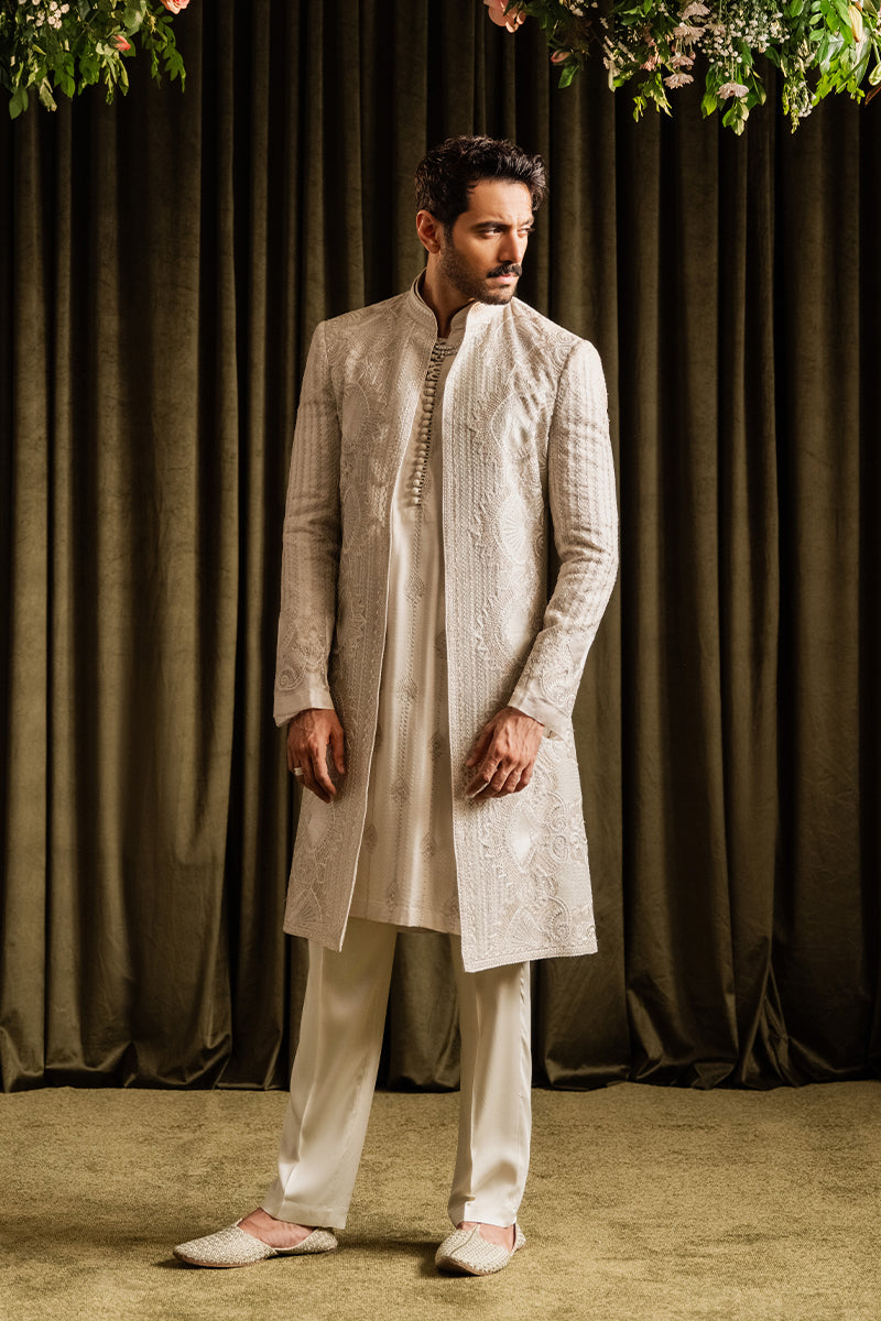 Off White Embroidered Organza Patchwork Sherwani (2-Piece) - Image 5