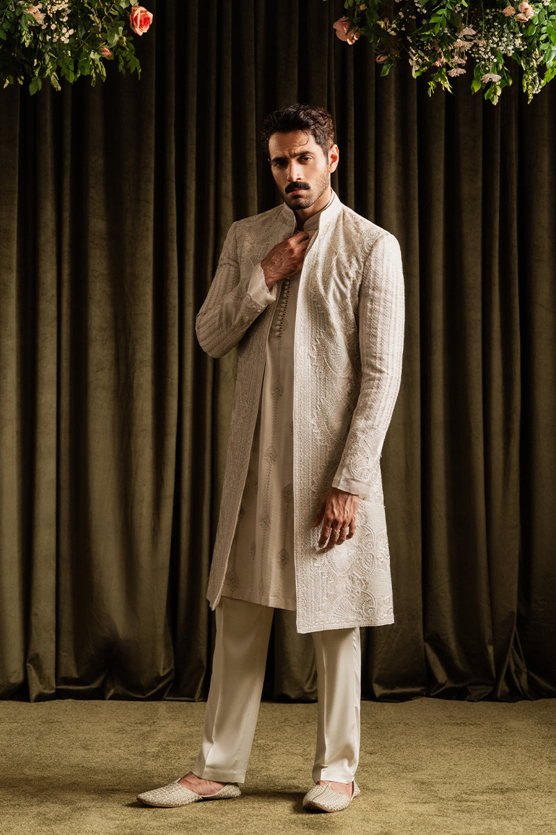 Off White Embroidered Organza Patchwork Sherwani (2-Piece) - Image 7