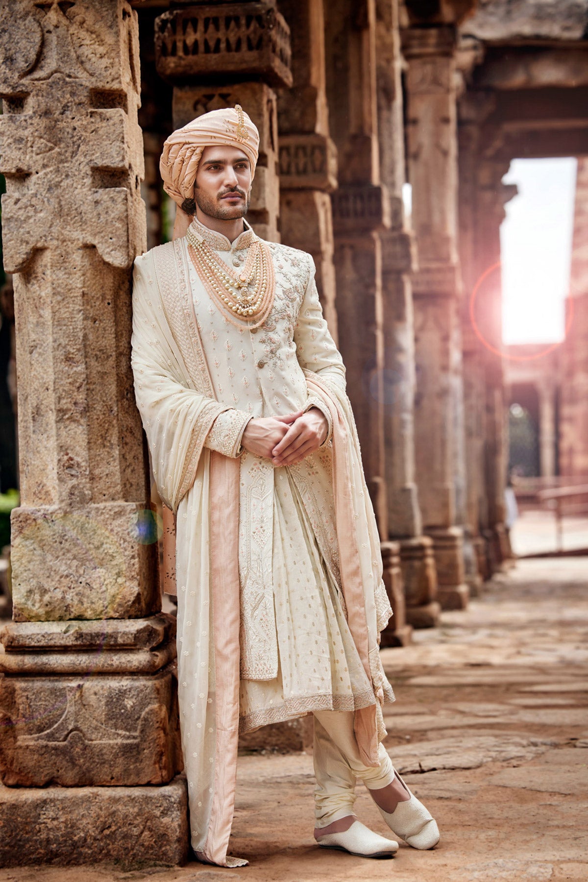 Cream French Knot Resham Parbal Silk Sherwani (3-Piece) - Image 1