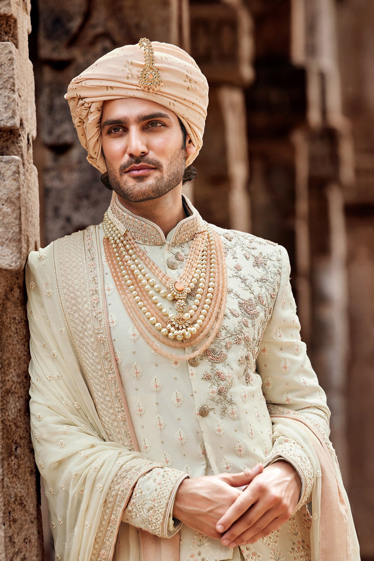 Cream French Knot Resham Parbal Silk Sherwani (3-Piece) - Image 2