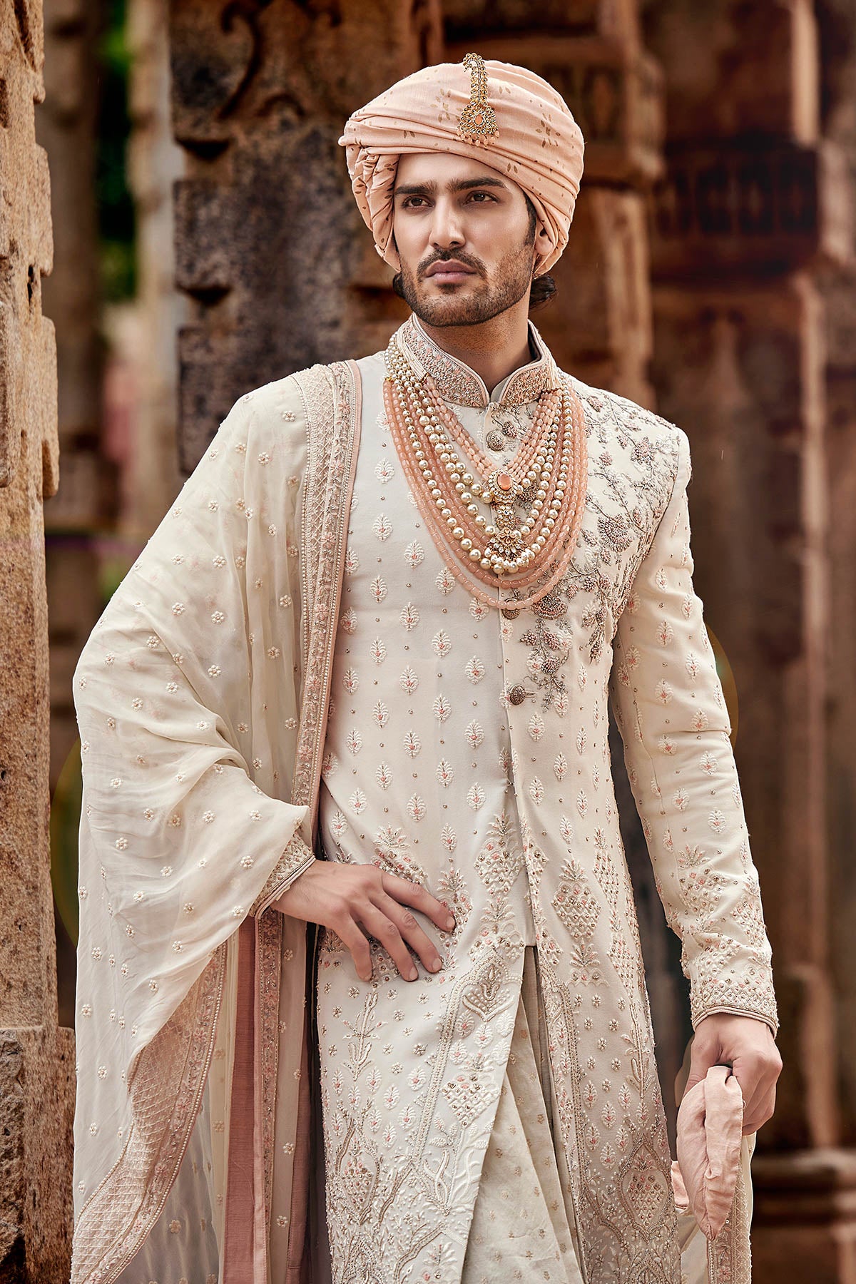 Cream French Knot Resham Parbal Silk Sherwani (3-Piece) - Image 4