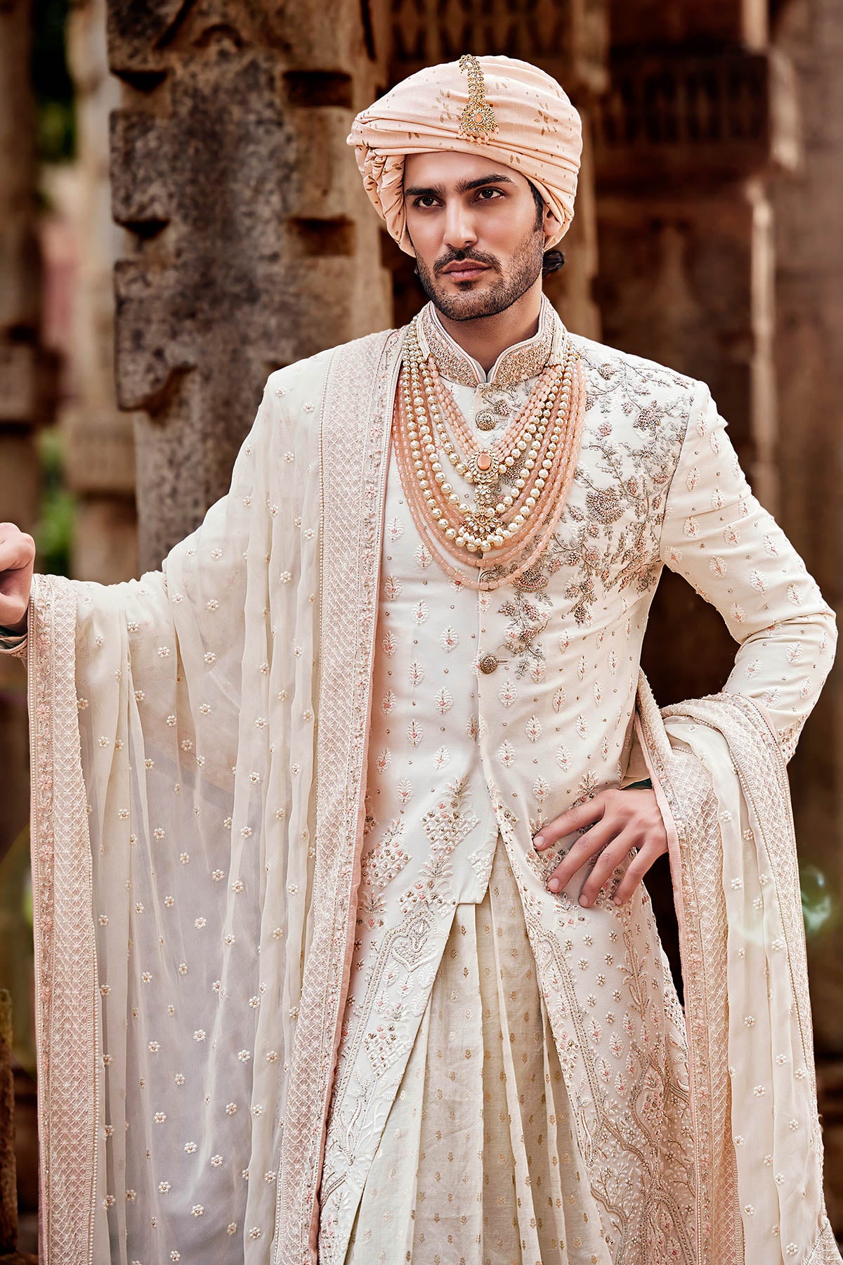 Cream French Knot Resham Parbal Silk Sherwani (3-Piece) - Image 5