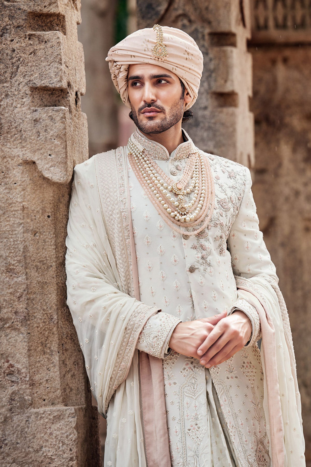 Cream French Knot Resham Parbal Silk Sherwani (3-Piece) - Image 6