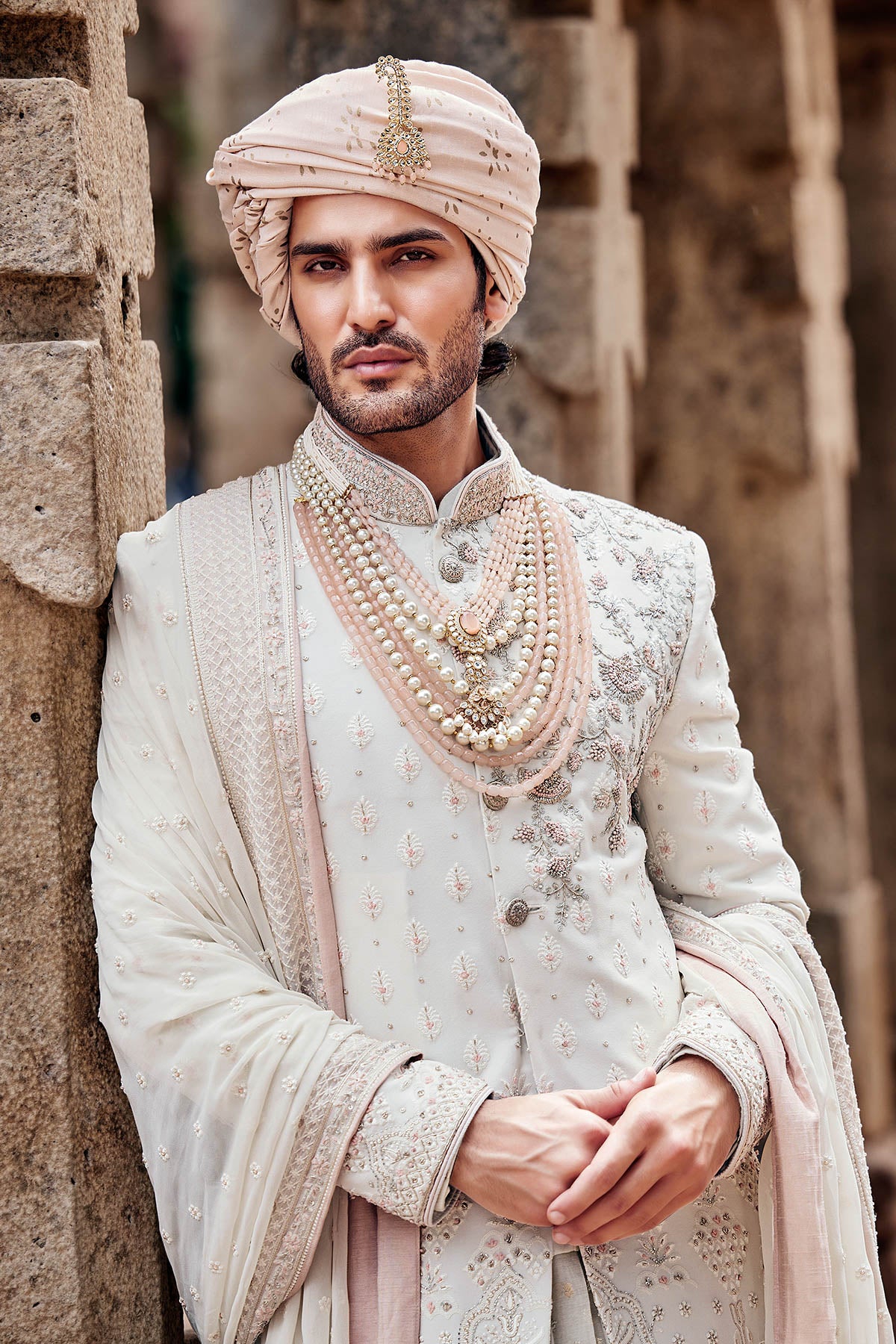 Cream French Knot Resham Parbal Silk Sherwani (3-Piece) - Image 7