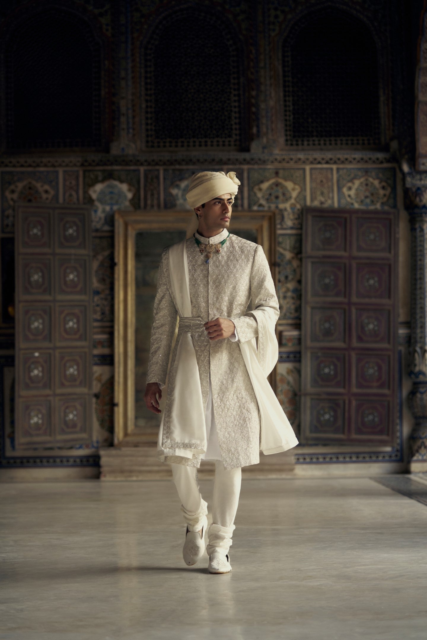 Ivory Embroidered Raw Silk Sherwani (3-Piece) - Image 2