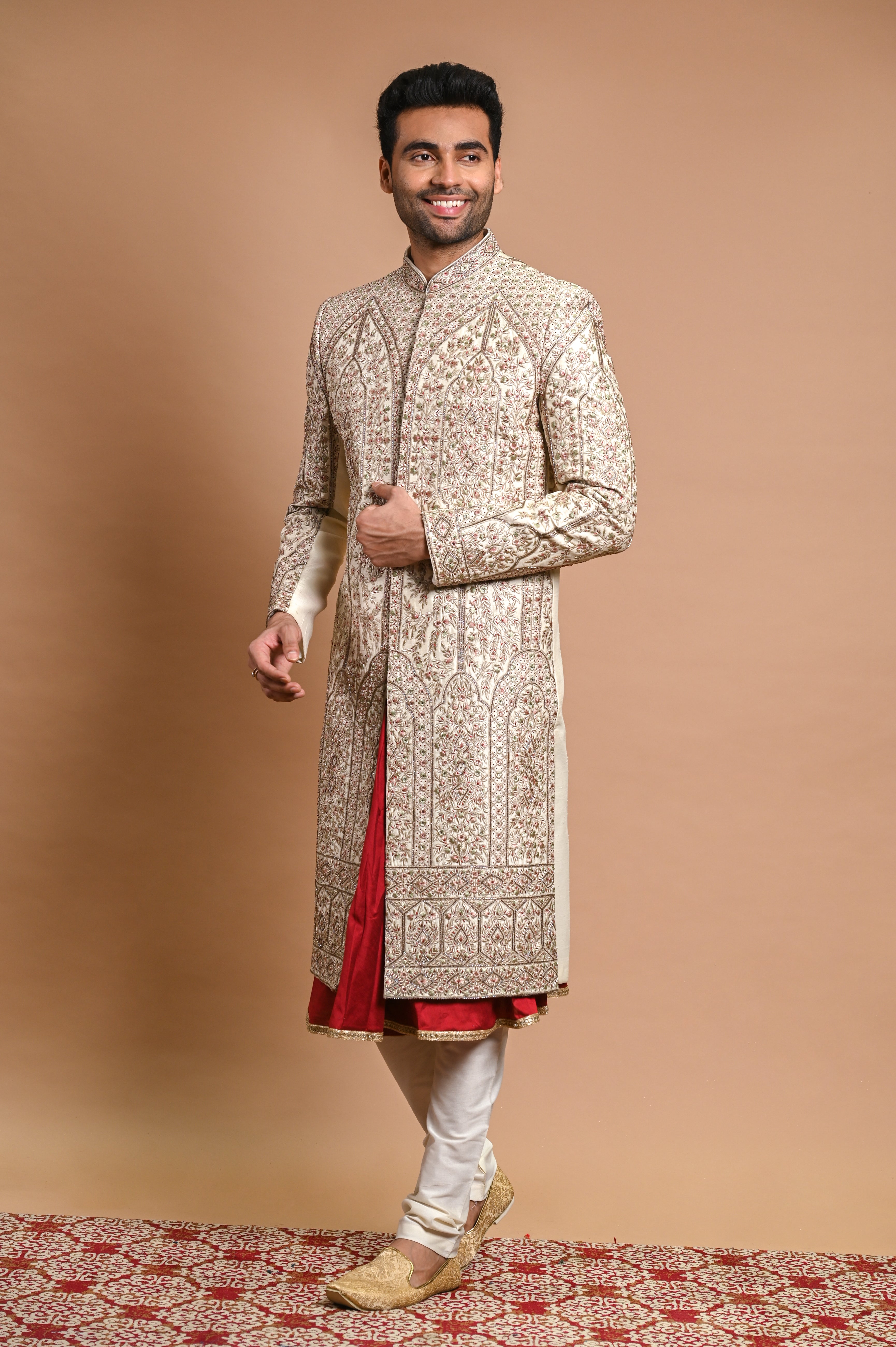 Cream Resham Embroidered Raw Silk Sherwani (2-Piece) - Image 1