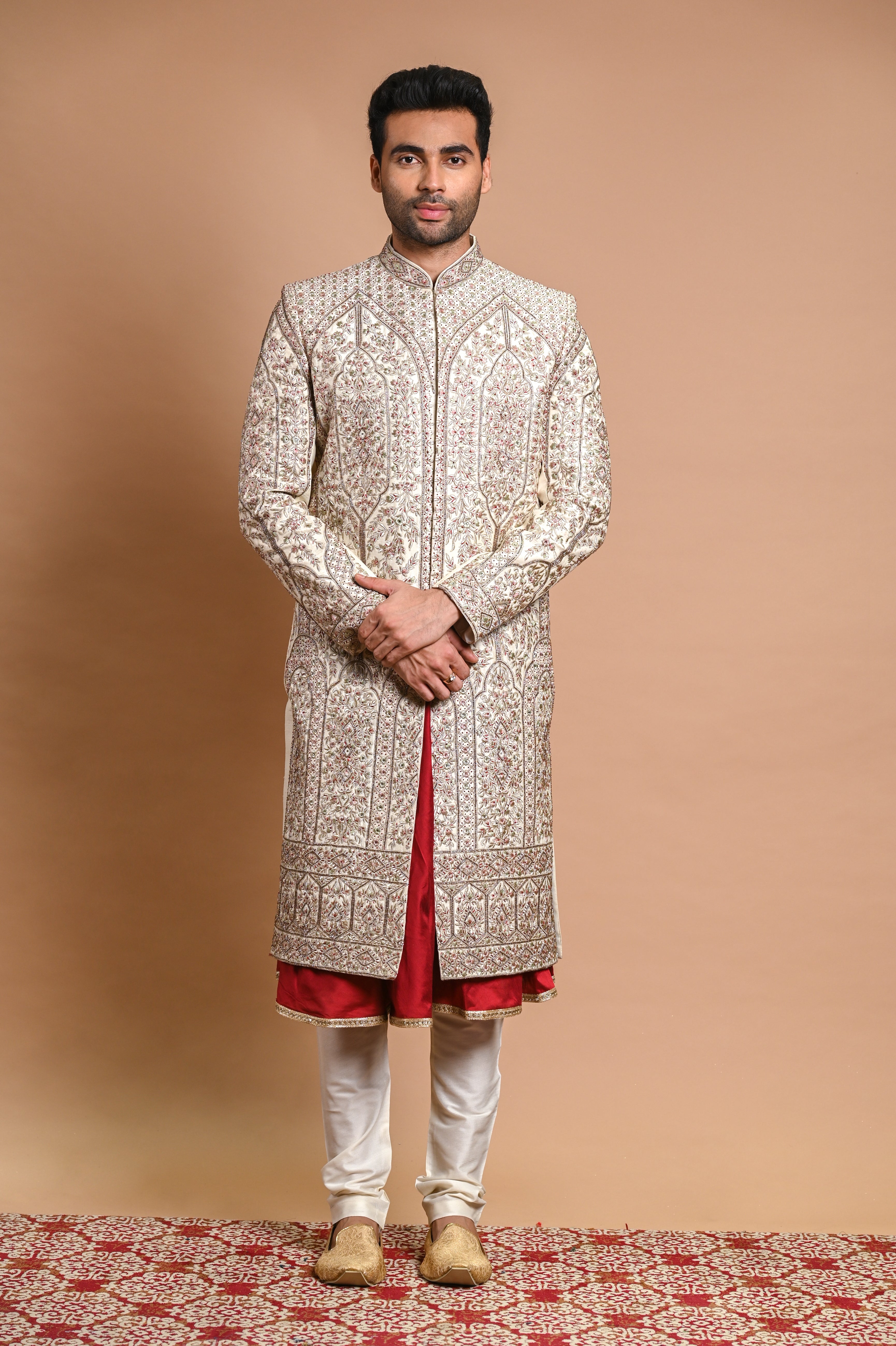 Cream Resham Embroidered Raw Silk Sherwani (2-Piece) - Image 2