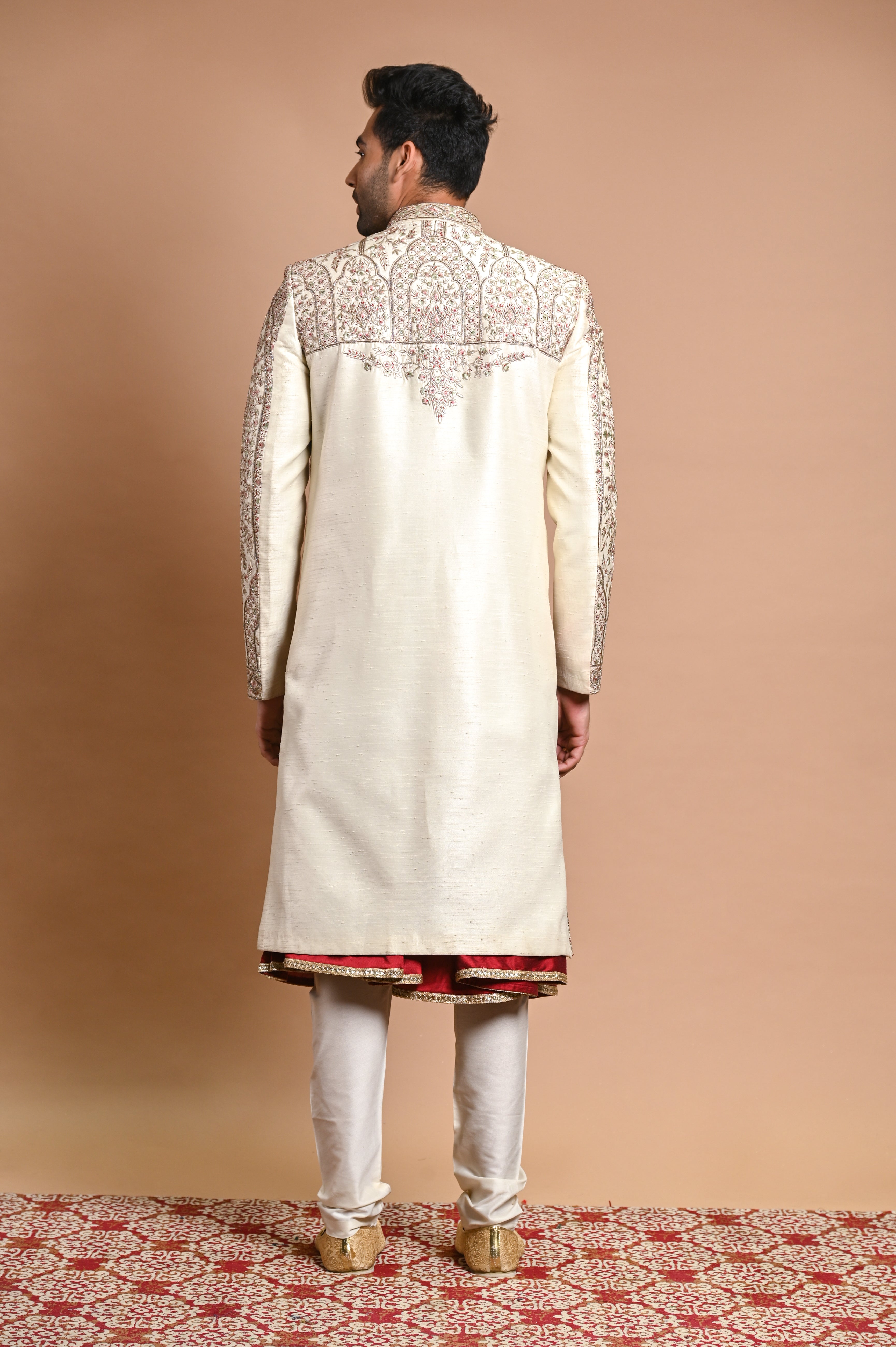 Cream Resham Embroidered Raw Silk Sherwani (2-Piece) - Image 3