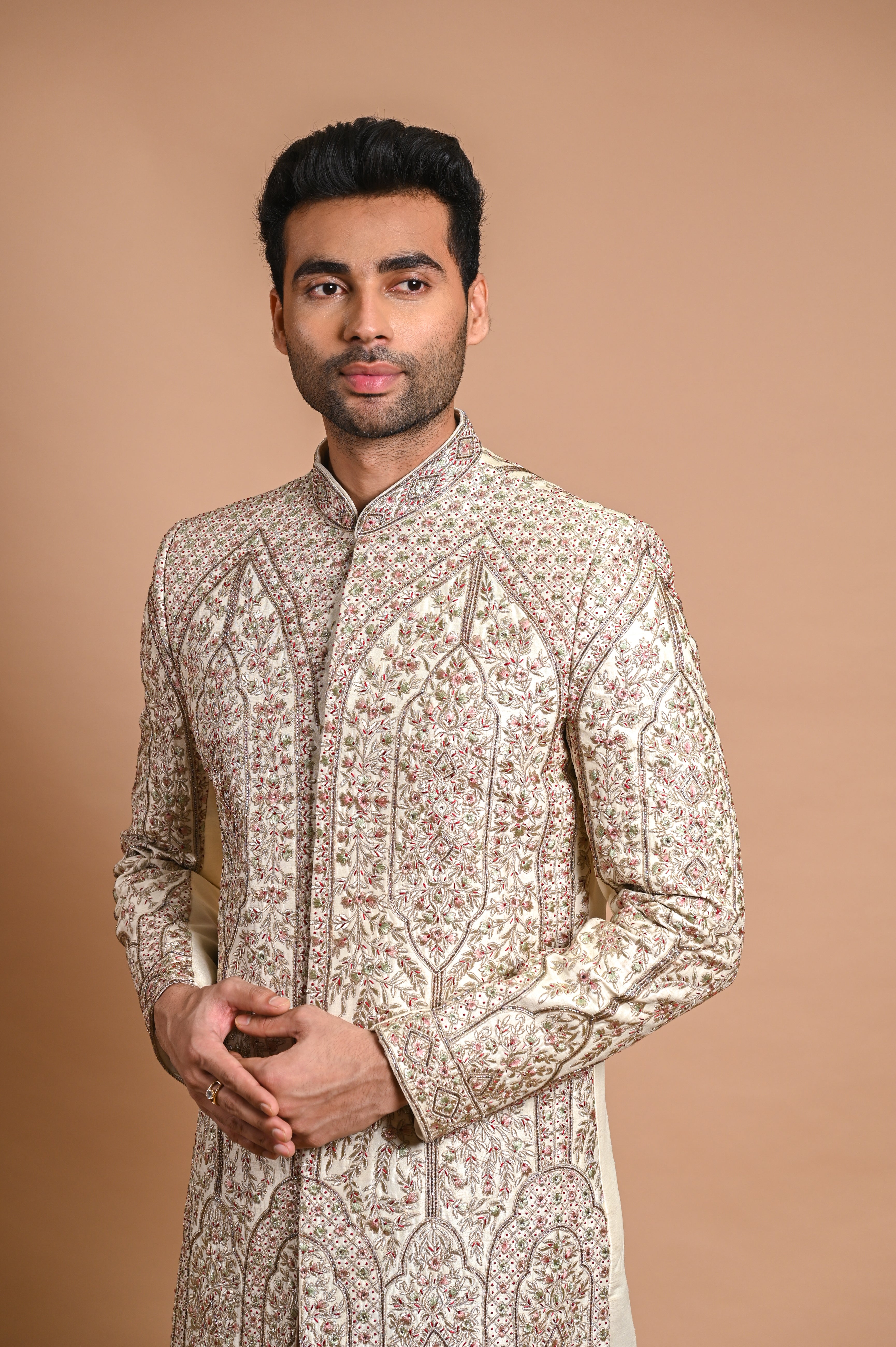 Cream Resham Embroidered Raw Silk Sherwani (2-Piece) - Image 4
