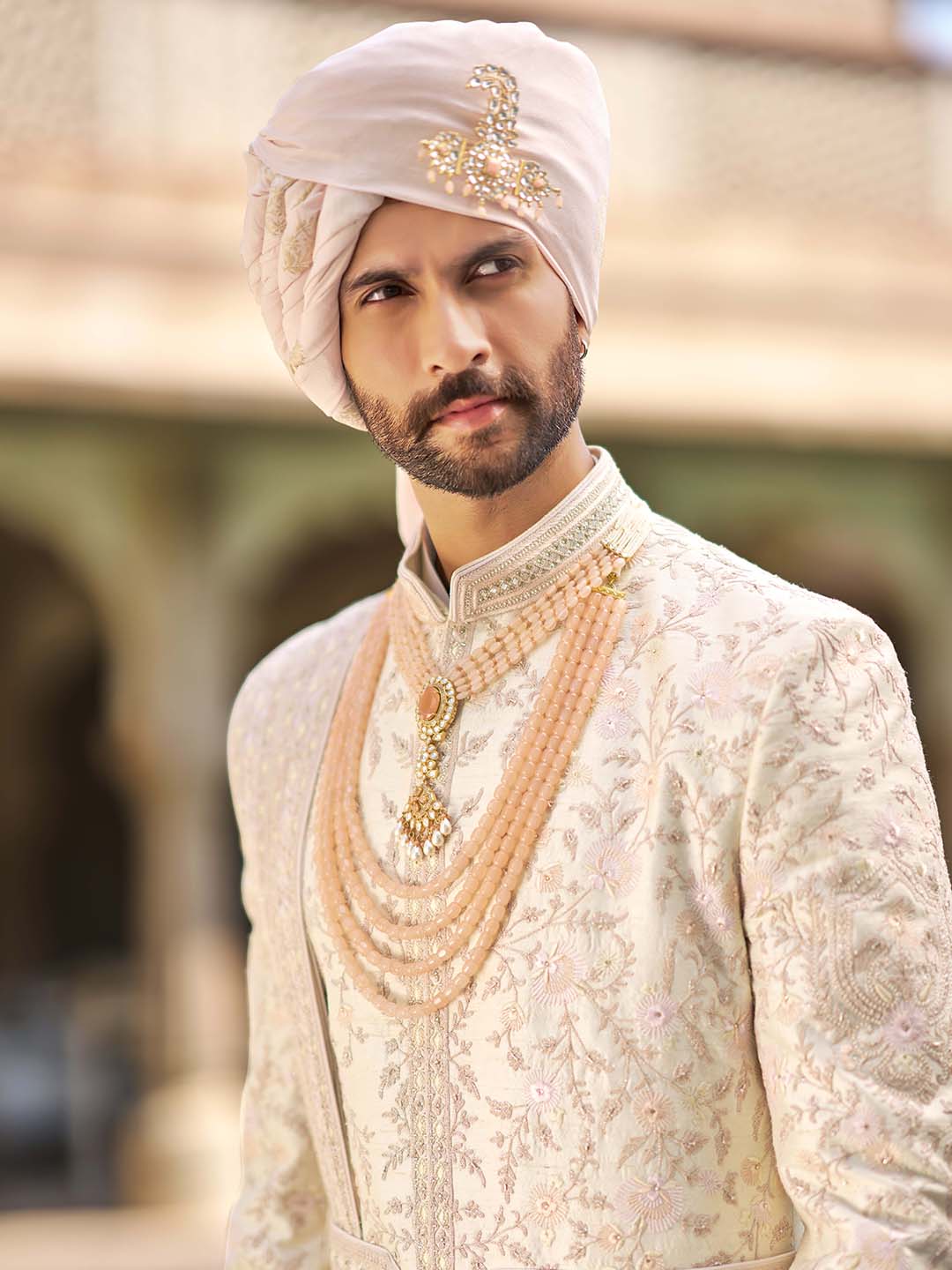 Cream Floral Embroidered Raw Silk Sherwani (5-Piece) - Image 2