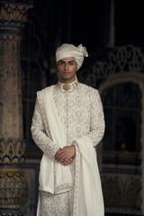 Ivory Beige Embroidered Raw Silk Sherwani (4-Piece) - Image 4