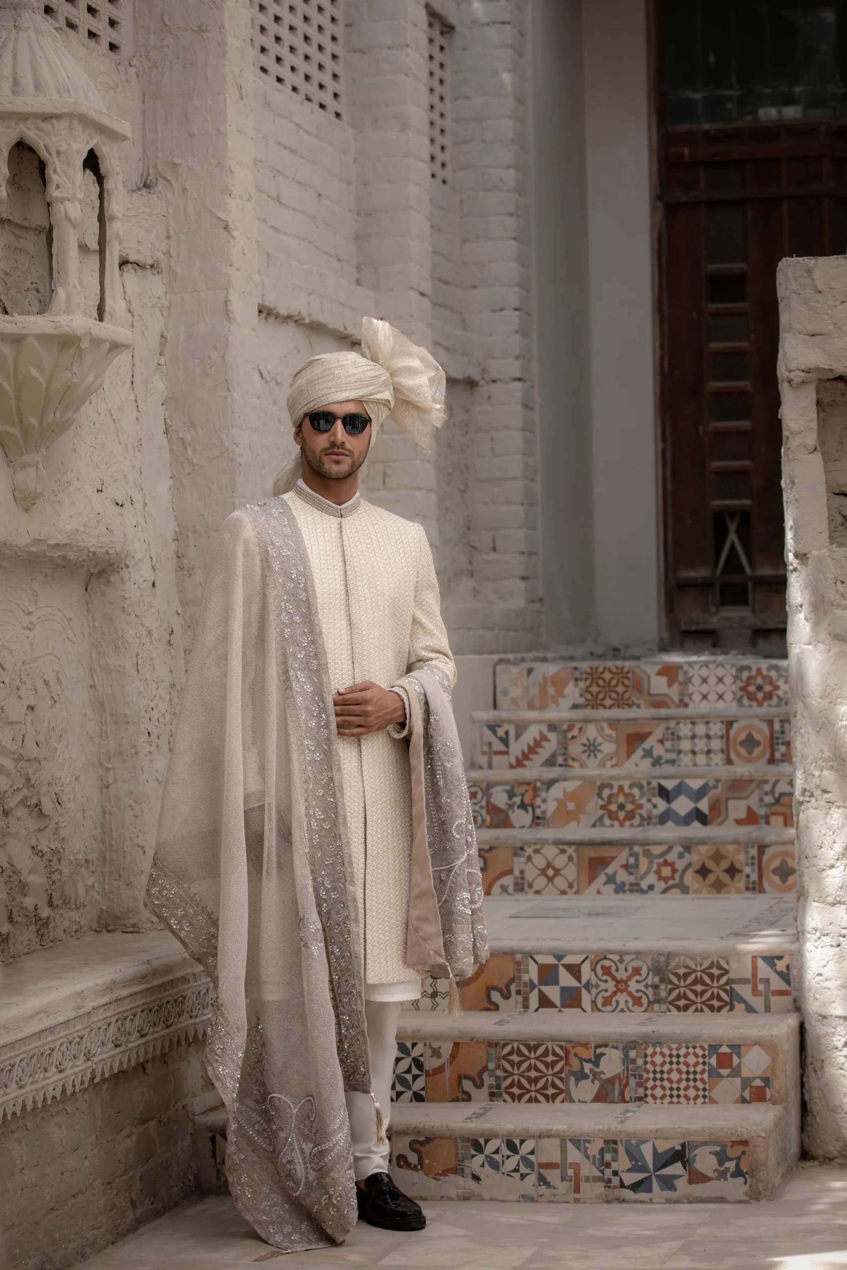 Ivory Embroidered Raw Silk Sherwani (5-Piece) - Image 2