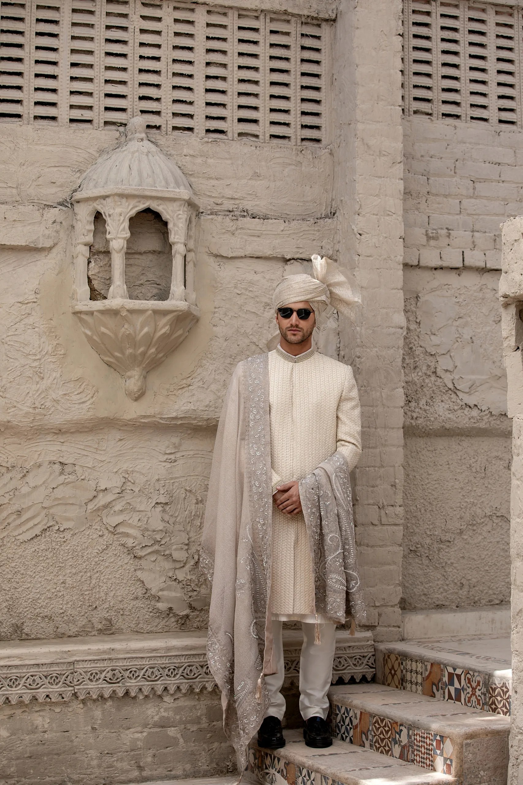 Ivory Embroidered Raw Silk Sherwani (5-Piece) - Image 3