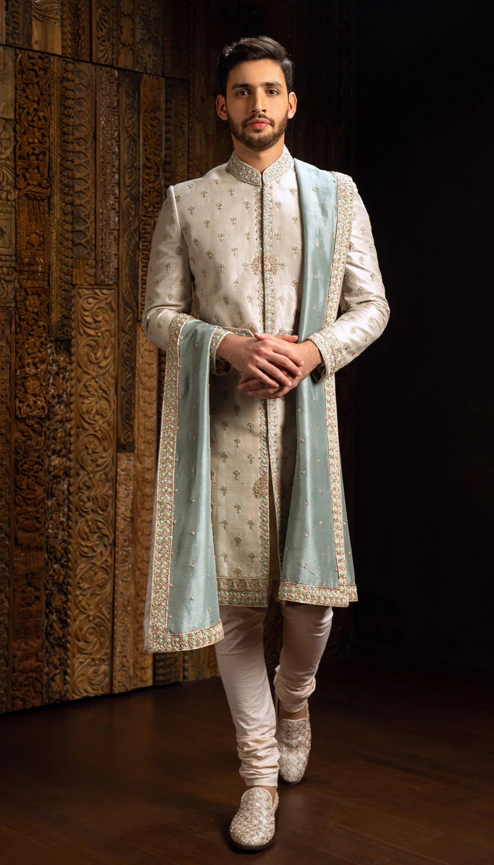Ivory Embroidered Raw Silk Sherwani (3-Piece) - Image 1