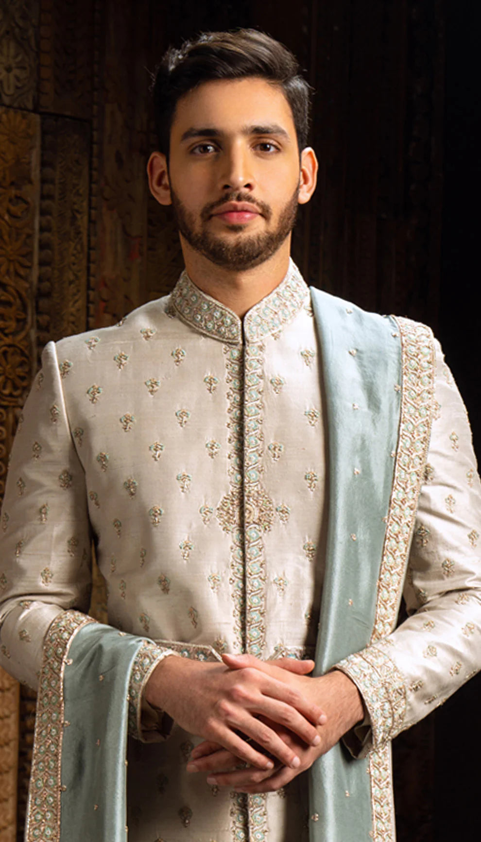Ivory Embroidered Raw Silk Sherwani (3-Piece) - Image 2