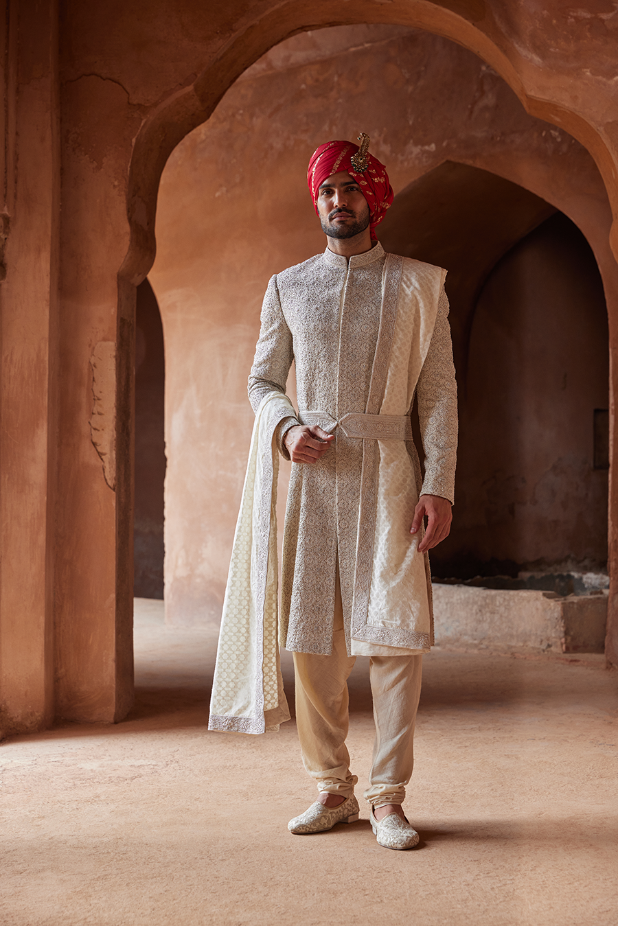 Cream Embroidered Raw Silk Sherwani (3-Piece) - Image 1