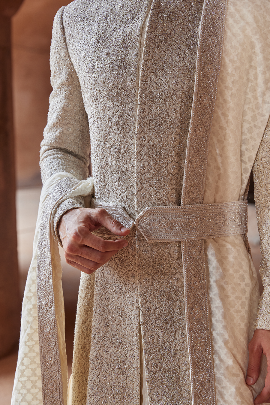 Cream Embroidered Raw Silk Sherwani (3-Piece) - Image 4
