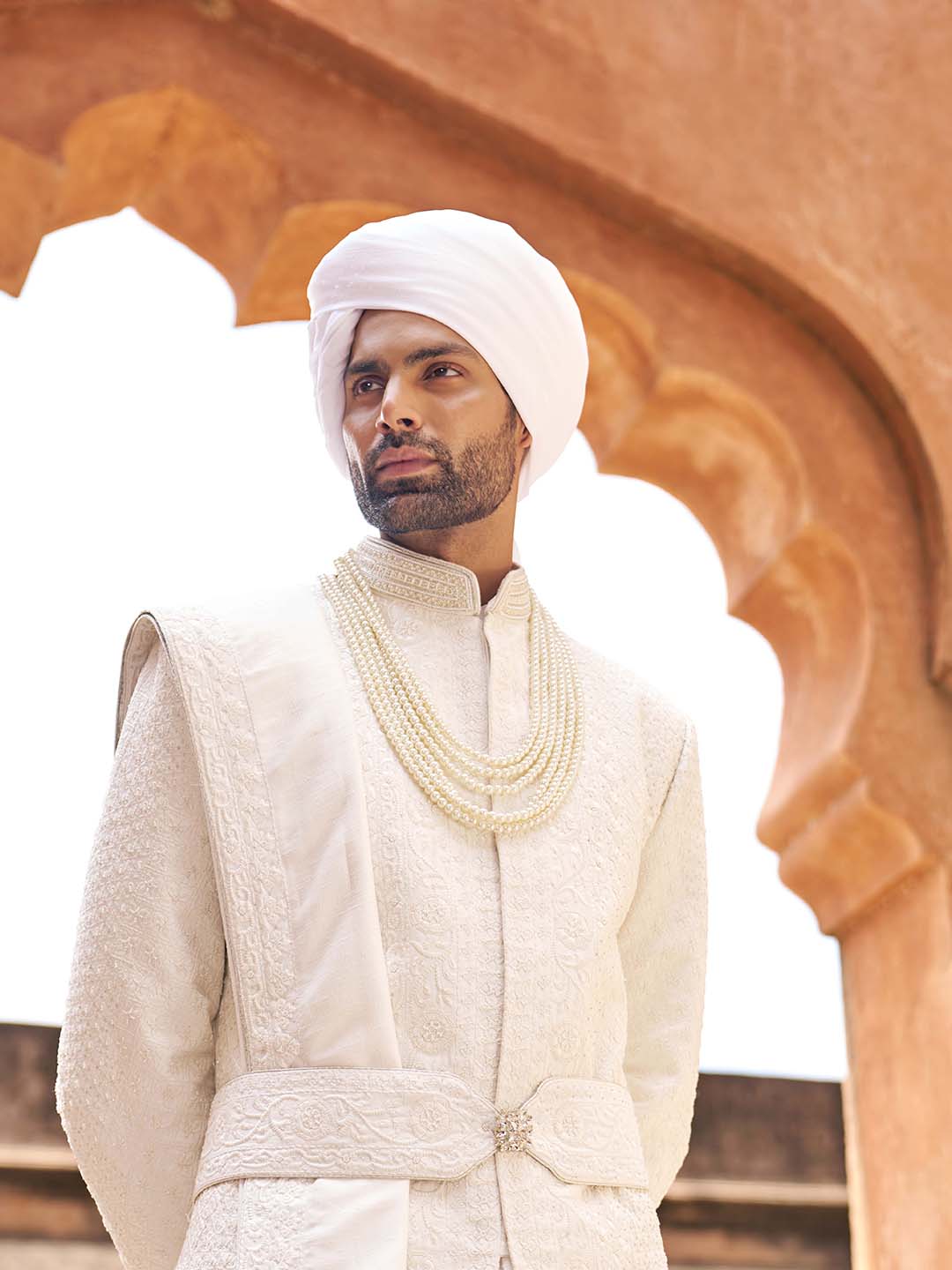 Ivory Embroidered Raw Silk Sherwani (5-Piece) - Image 2