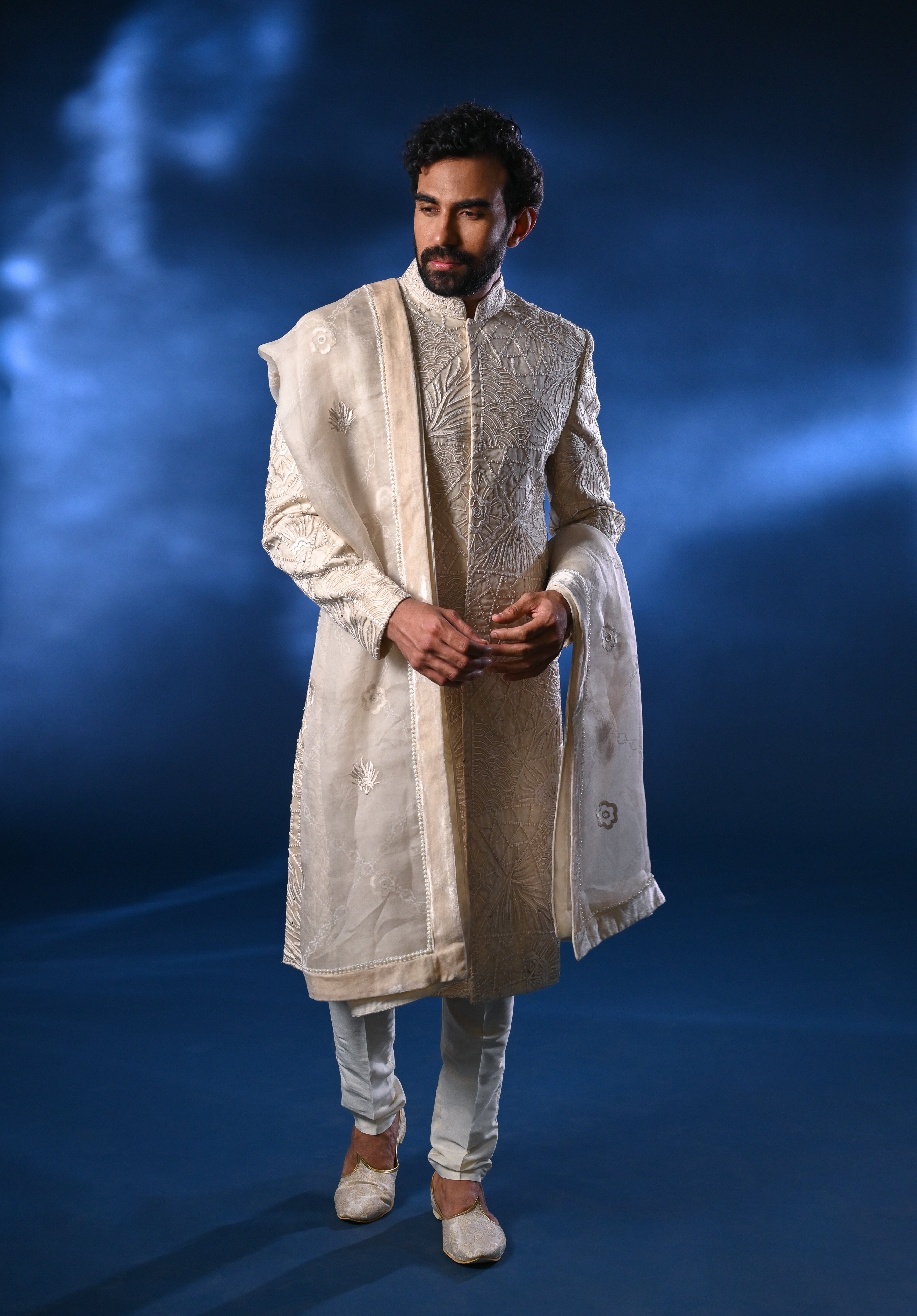 Cream Lakhnavi Embroidered Raw Silk Sherwani (3-Piece) - Image 1