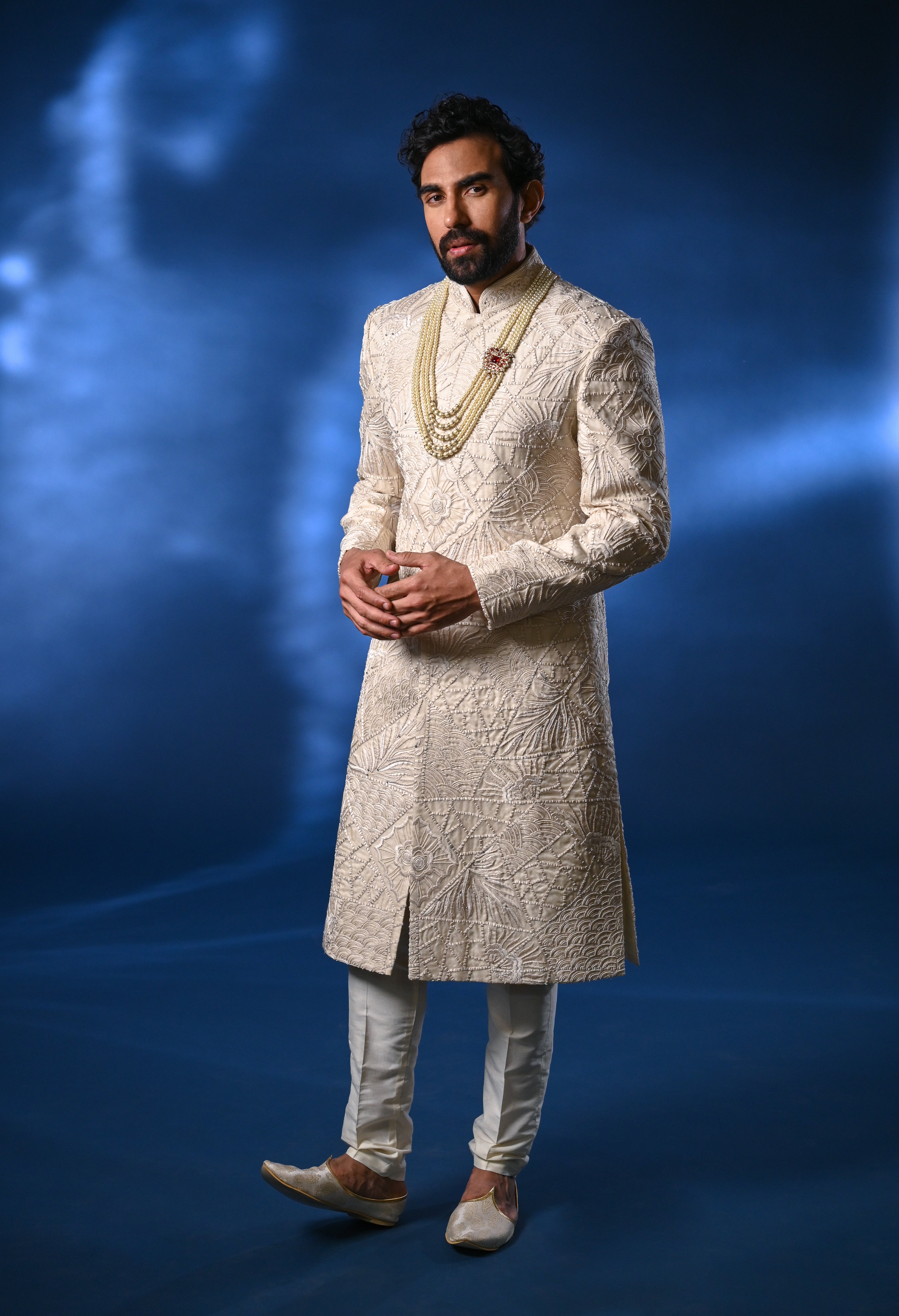 Cream Lakhnavi Embroidered Raw Silk Sherwani (3-Piece) - Image 2